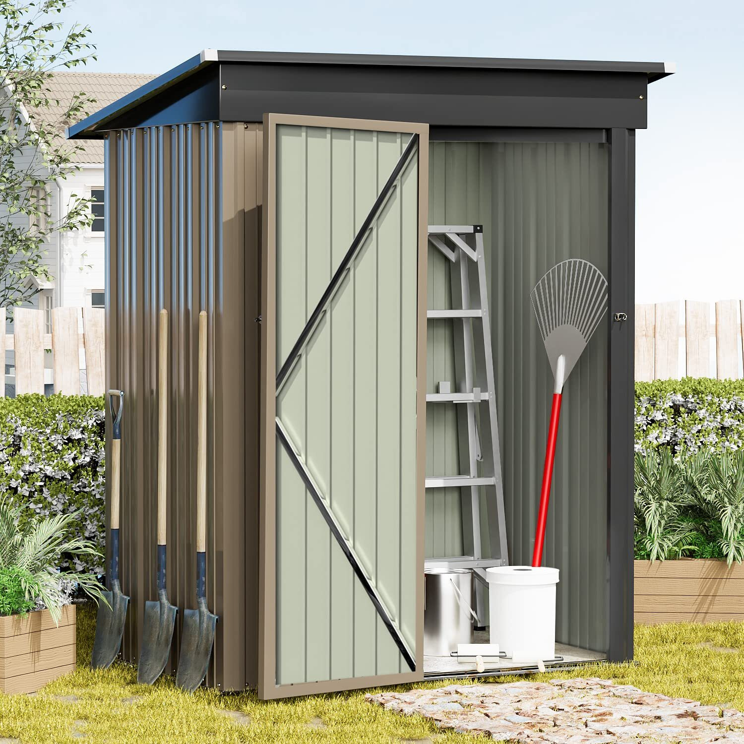 Greesum Metal Outdoor Storage Shed 5Ft X 3Ft, Steel Utility Tool Shed Storage House With Door & Lock, For Backyard Garden Patio Lawn (5' X 3'), Brown