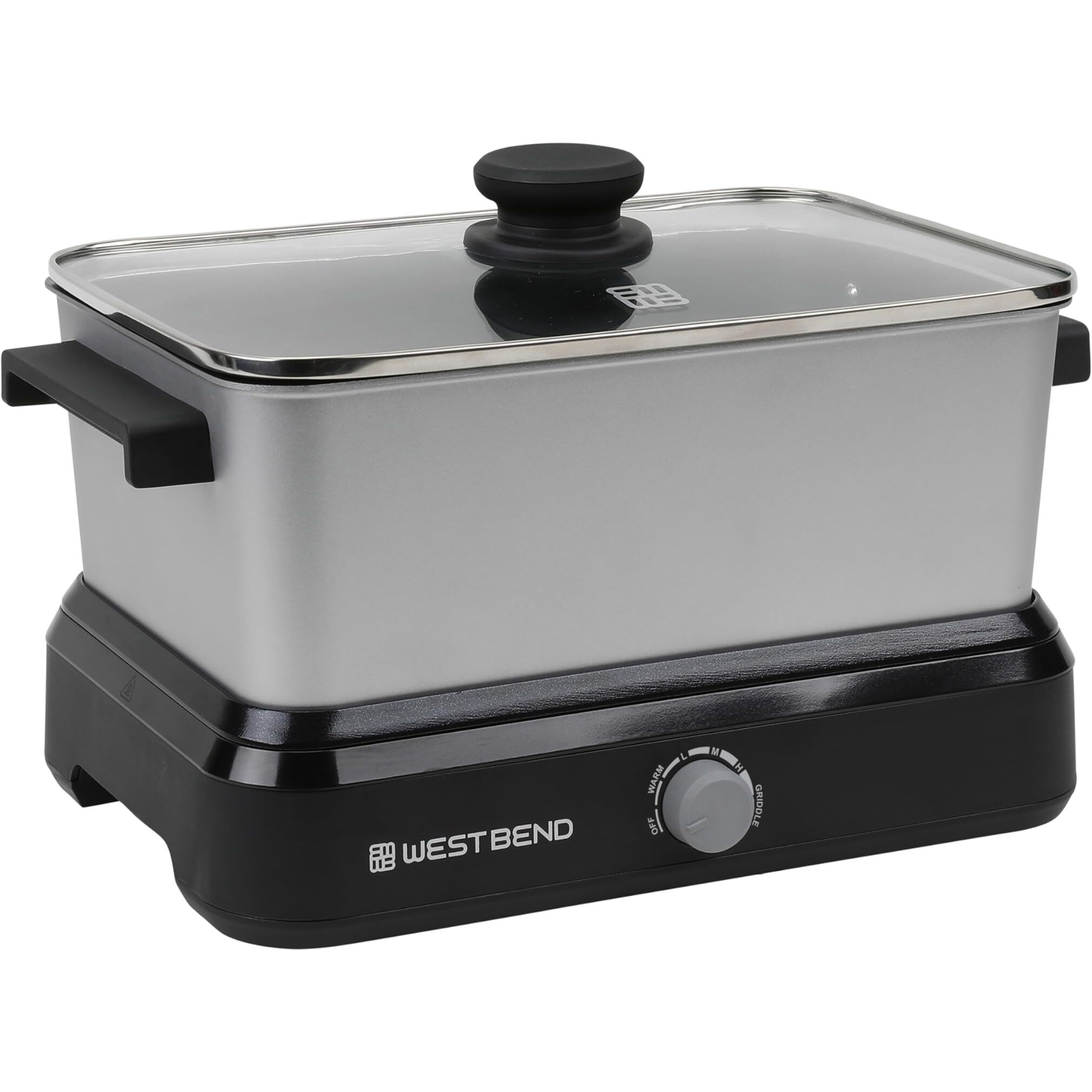 West Bend 87905 Slow Cooker Large Capacity Non-Stick Vessel With Variable Temperature Control Includes Travel Lid And Thermal Carrying Case, 5-Quart, Silver