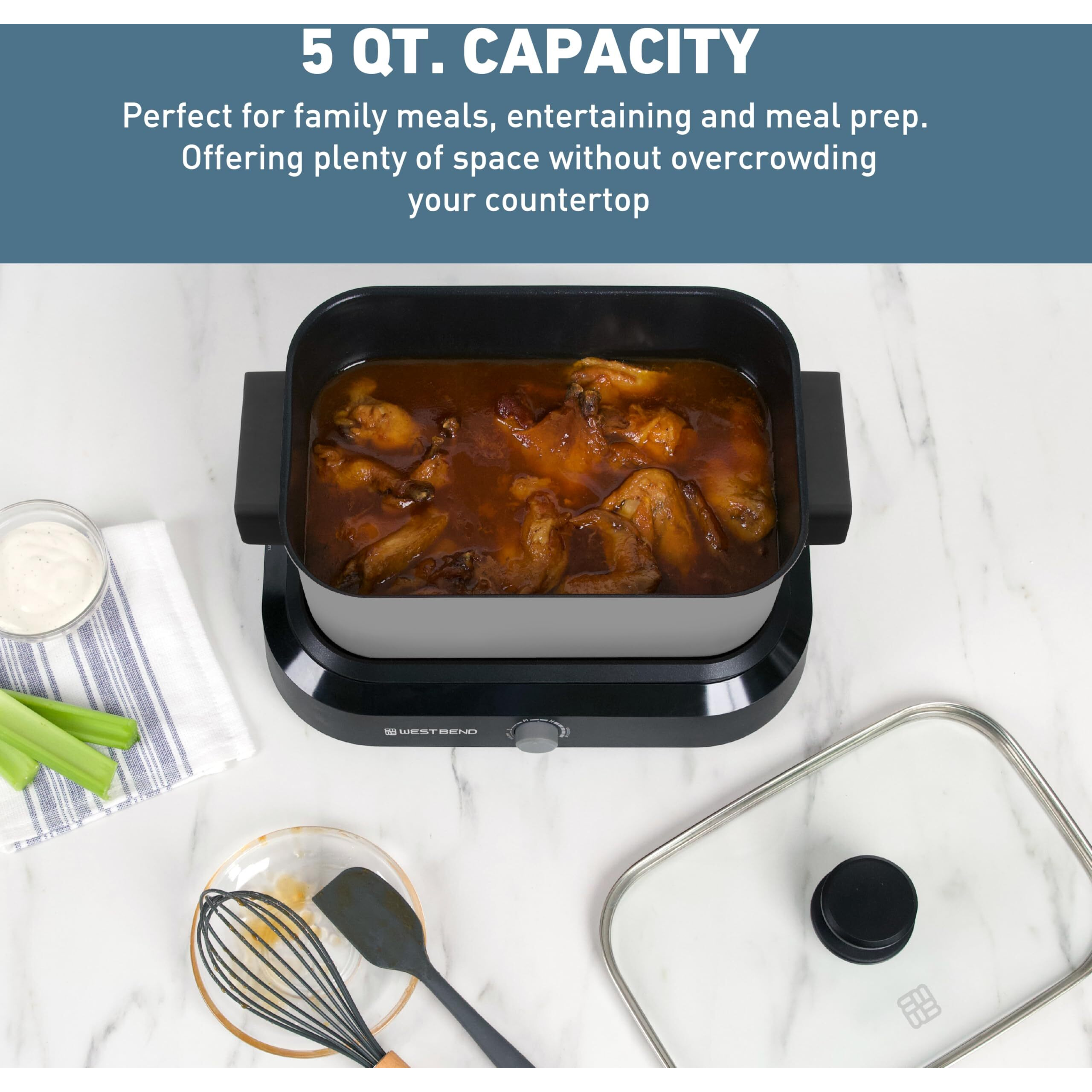 West Bend 87905 Slow Cooker Large Capacity Non-Stick Vessel With Variable Temperature Control Includes Travel Lid And Thermal Carrying Case, 5-Quart, Silver