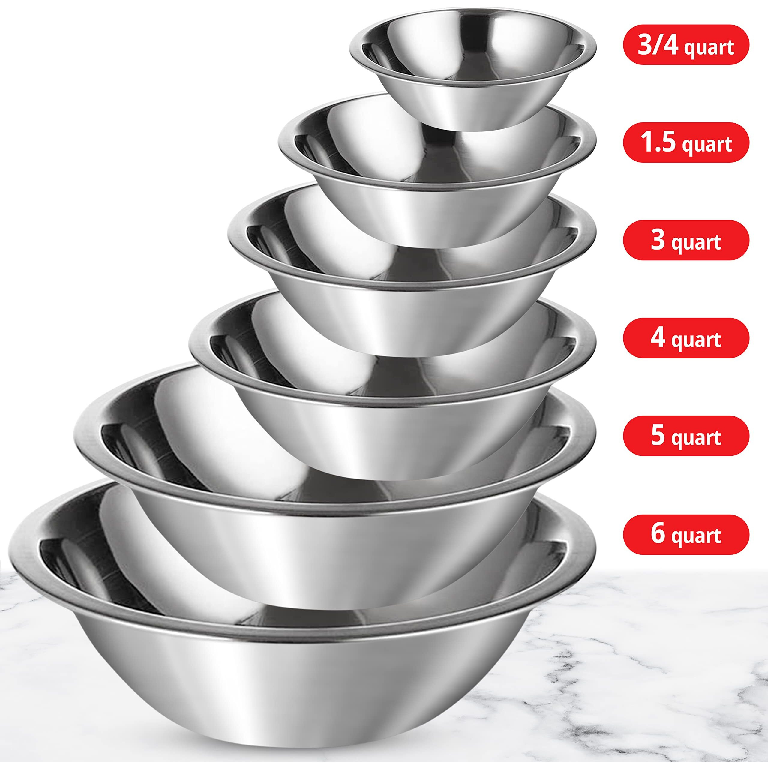 Culigrade Stainless Steel Mixing Bowl Set Of 6-0.75, 1.5, 3, 4, 5, 8 Quart Sizes - Nesting, Durable, Easy To Clean, Ideal For Baking, Cooking, And Food Prep