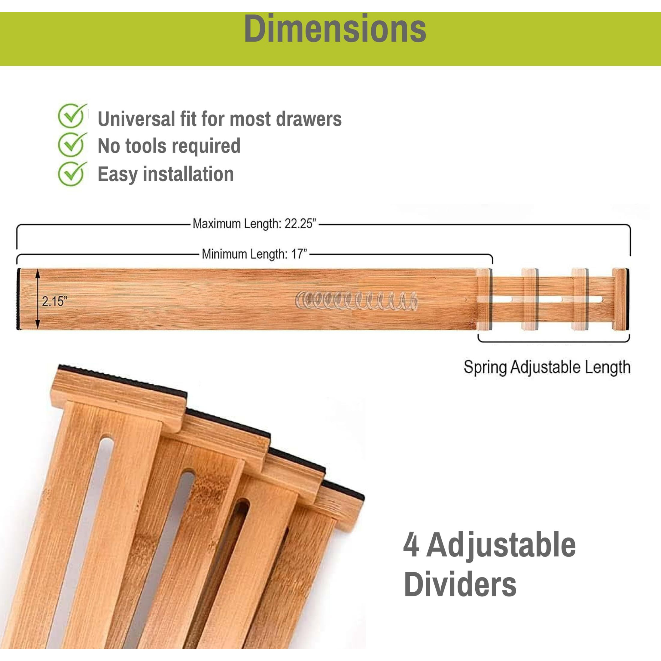 Homemaid Living Bamboo Drawer Organizer Adjustable And Expandable - Ideal Drawer Dividers For Kitchen, Dresser, Bedroom And Bathroom - Expandable Drawer Organizer Set Of 4 - Water-Resistant Finish