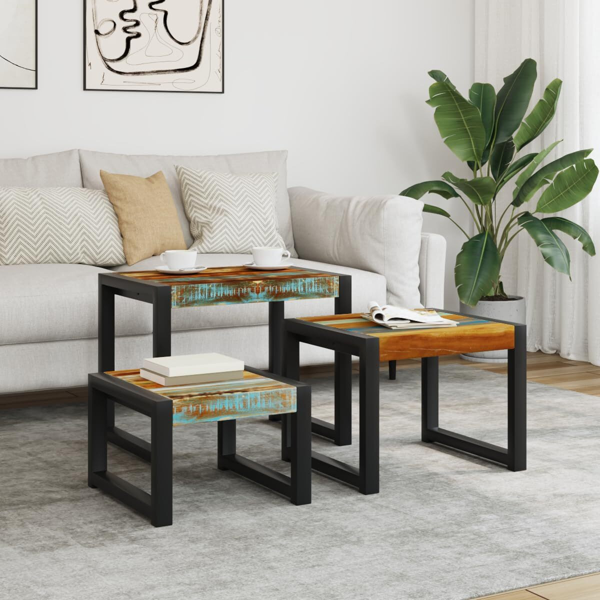 Vidaxl Side Table Set Of 3 - Solid Reclaimed Wood Nesting End Table/Coffee Table - Industrial Style, Steel Frame, Multicolour