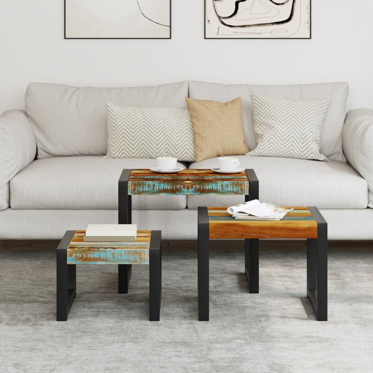 Vidaxl Side Table Set Of 3 - Solid Reclaimed Wood Nesting End Table/Coffee Table - Industrial Style, Steel Frame, Multicolour