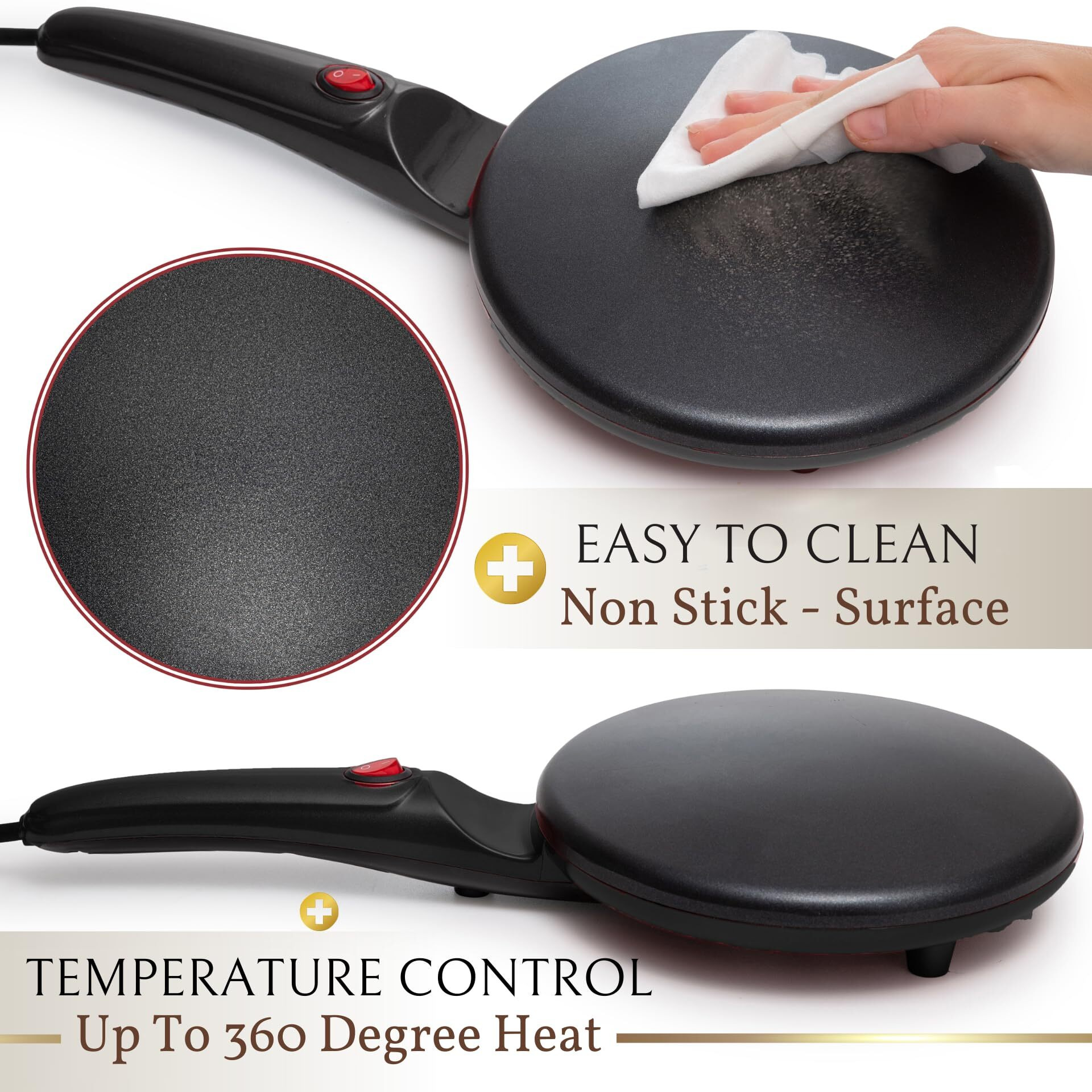 Moss & Stone Electric Crepe Maker With Auto Power Off, 8 Inch Portable Crepe Maker & Non-Stick Dipping Plate, On/Off Switch, Nonstick Coating & Automatic Temperature Control, Pan Apo