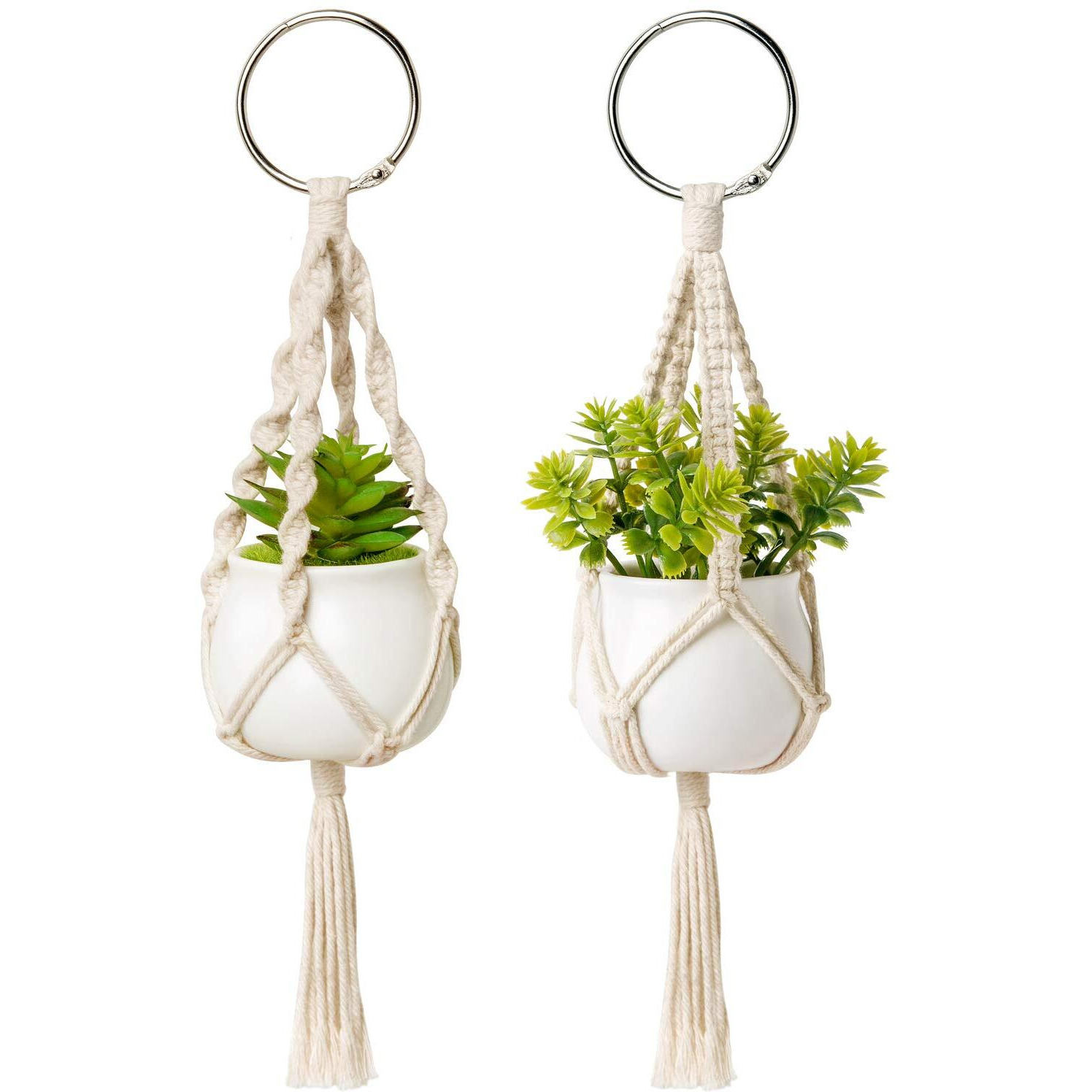 Dahey Mini Macrame Plant Car Accessories Rear View Mirrior Charm Cute Hanging Rearview Car Decor Boho Hanger With Artificial Succulent For Plant Lover, 2 Pcs, 10.5 Inch, White