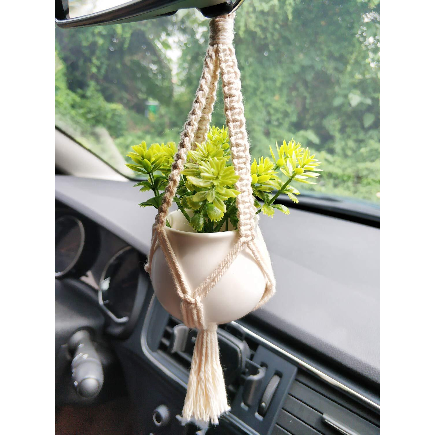 Dahey Mini Macrame Plant Car Accessories Rear View Mirrior Charm Cute Hanging Rearview Car Decor Boho Hanger With Artificial Succulent For Plant Lover, 2 Pcs, 10.5 Inch, White