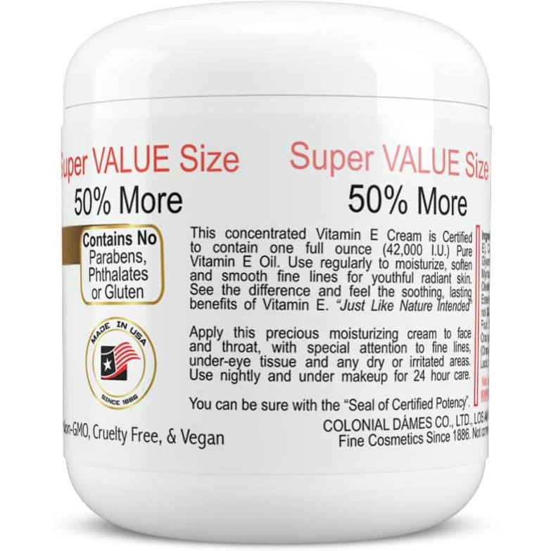 Colonial Dames Concentrated Vitamin E Moisturizing Cream 42,000 I.U. For Hydrating & Moisturizing Chapped Dry Skin & Fine Lines.