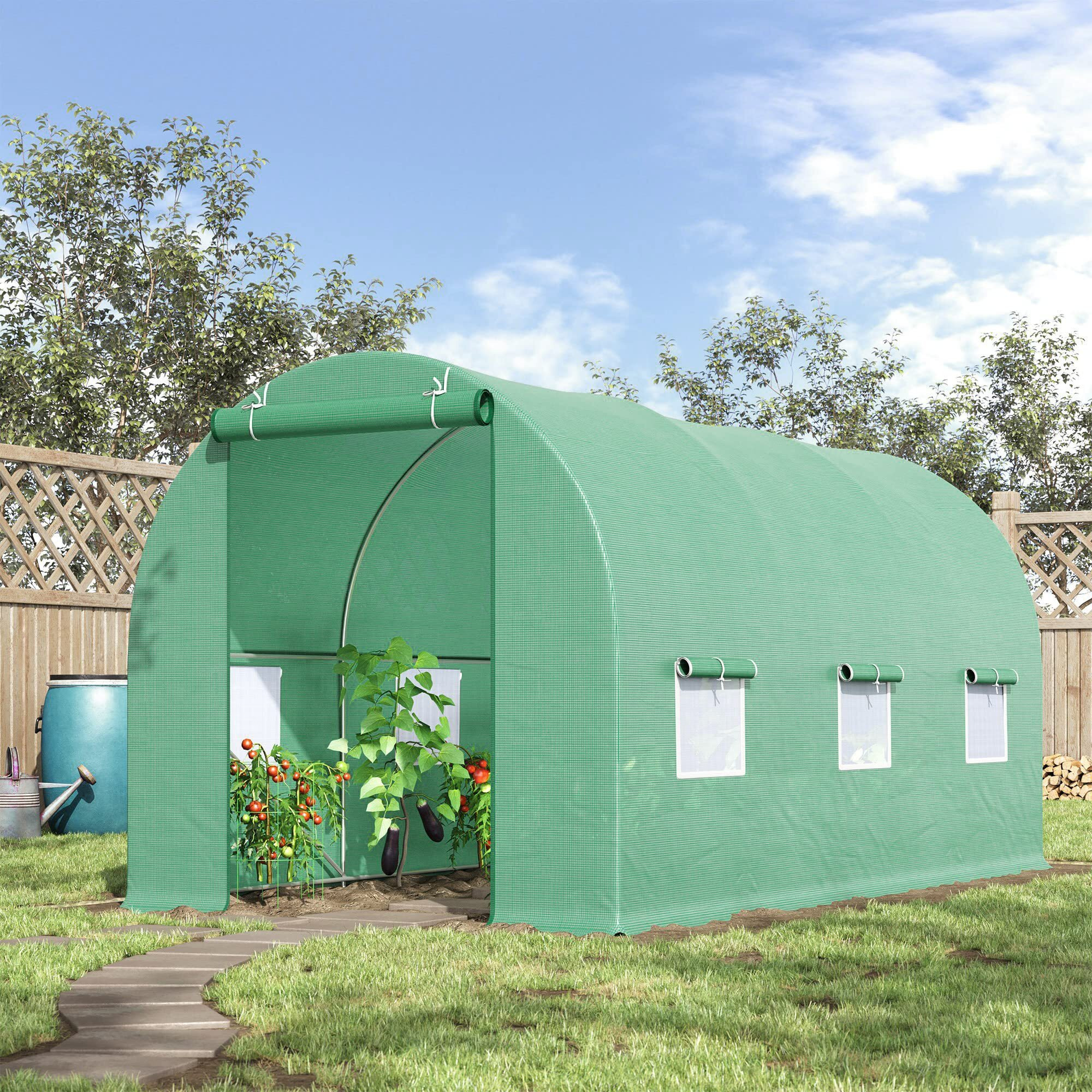 Outsunny 15' X 6' X 7' Walk-In Tunnel Greenhouse, Garden Green House With Roll-Up Door And Windows, Pe Cover, Plant Growing House For Patio Backyard Garden, Green