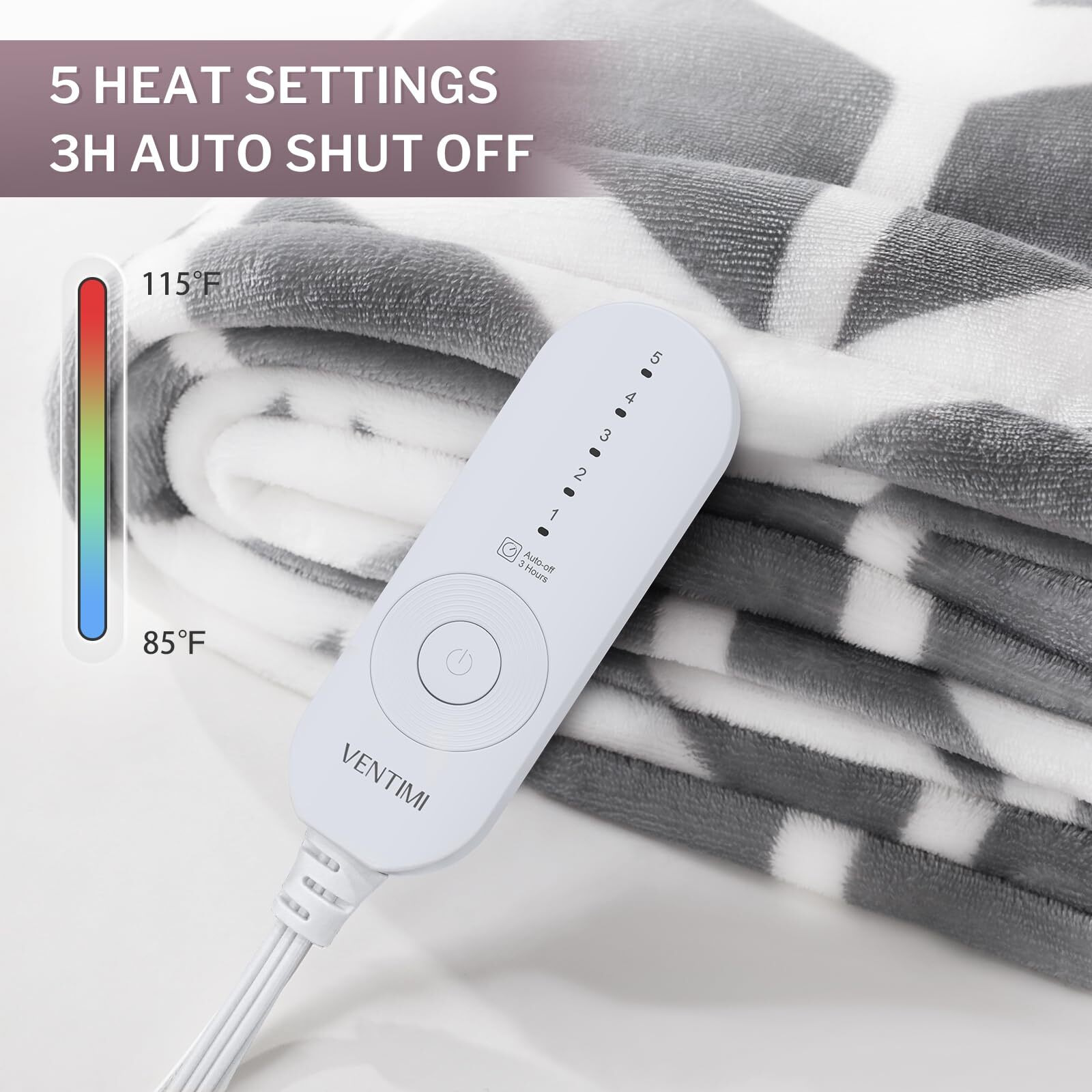 Ventimi Electric Blanket Heated Throw, 50"" X 60"" Heated Blanket With 5 Heat Levels & 3 Hours Auto Off, Fast Heating Blanket With Etl & Fcc Certification, Grey