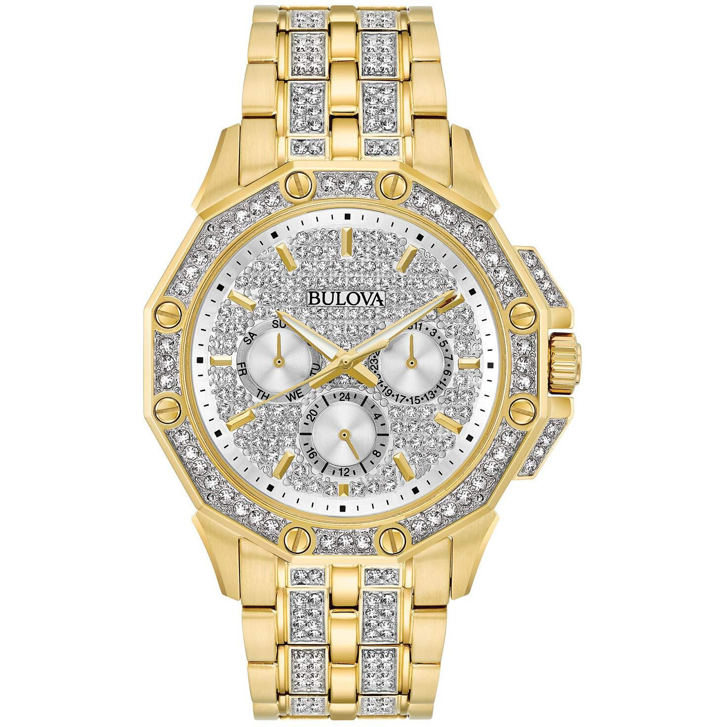Bulova Men's Crystals Octava Gold Tone Stainless Steel 6-Hand Multi-Function Quartz Watch Style 98C126