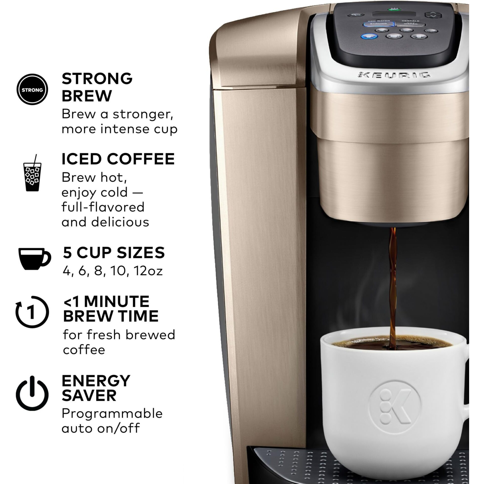 Keurig K-Elite Single Serve K-Cup Pod Coffee Maker, With Strength And Temperature Control, Iced Coffee Capability, 8 To 12Oz Brew Size, Programmable, Brushed Gold
