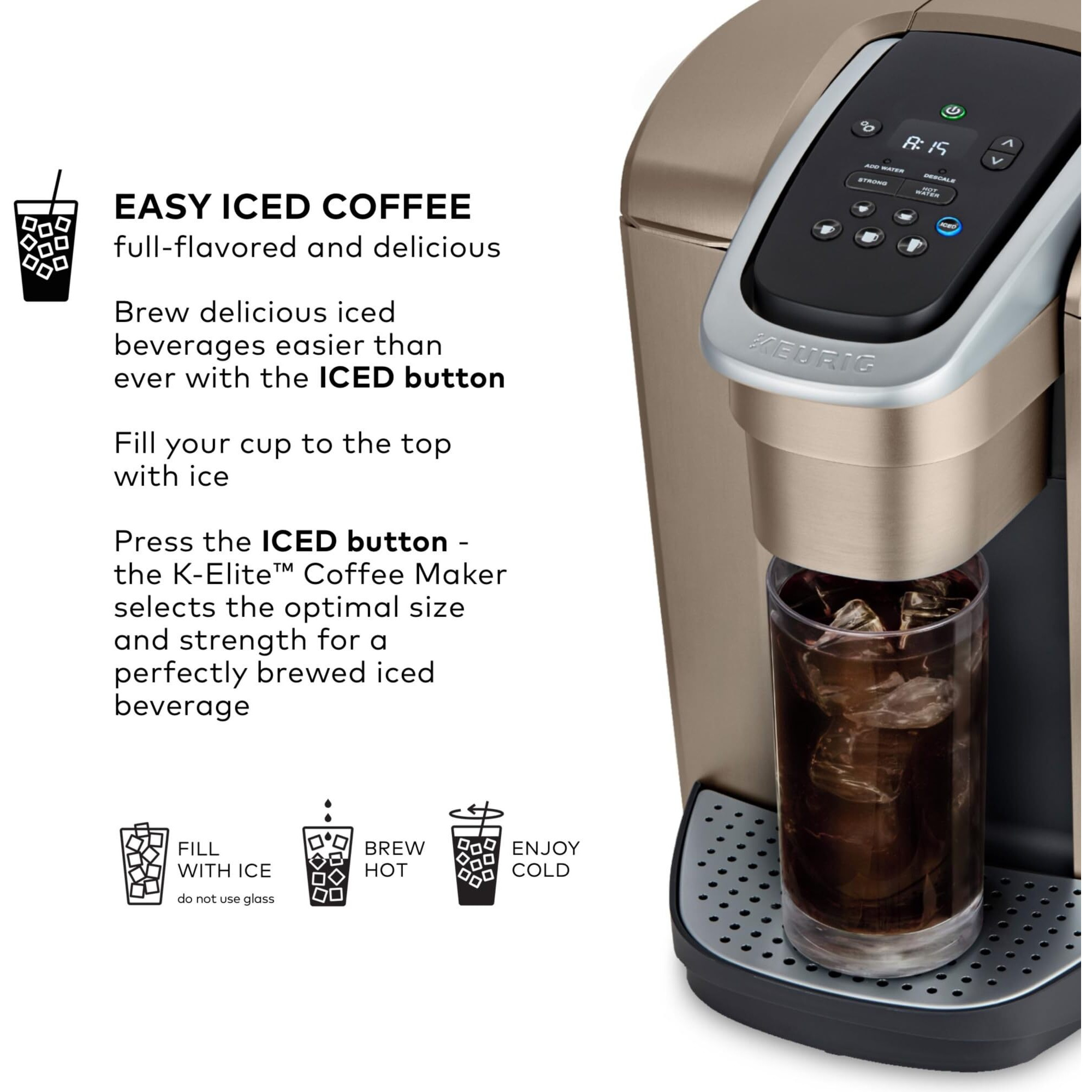 Keurig K-Elite Single Serve K-Cup Pod Coffee Maker, With Strength And Temperature Control, Iced Coffee Capability, 8 To 12Oz Brew Size, Programmable, Brushed Gold