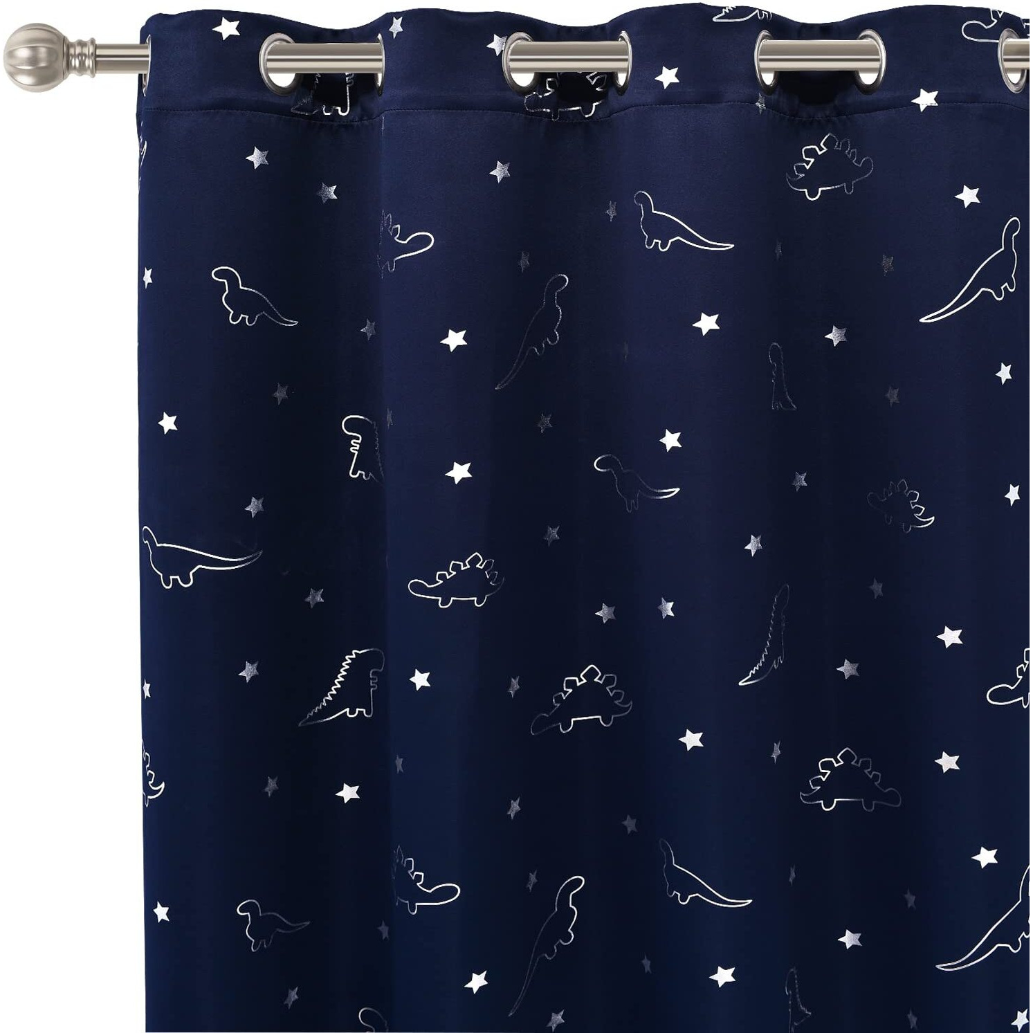 Lordtex Dinosaur And Star Foil Print Blackout Curtains For Kids Room - Thermal Insulated Curtains Noise Reducing Window Drapes For Boys And Girls Bedroom, 52 X 63 Inch, Navy, Set Of 2 Panels