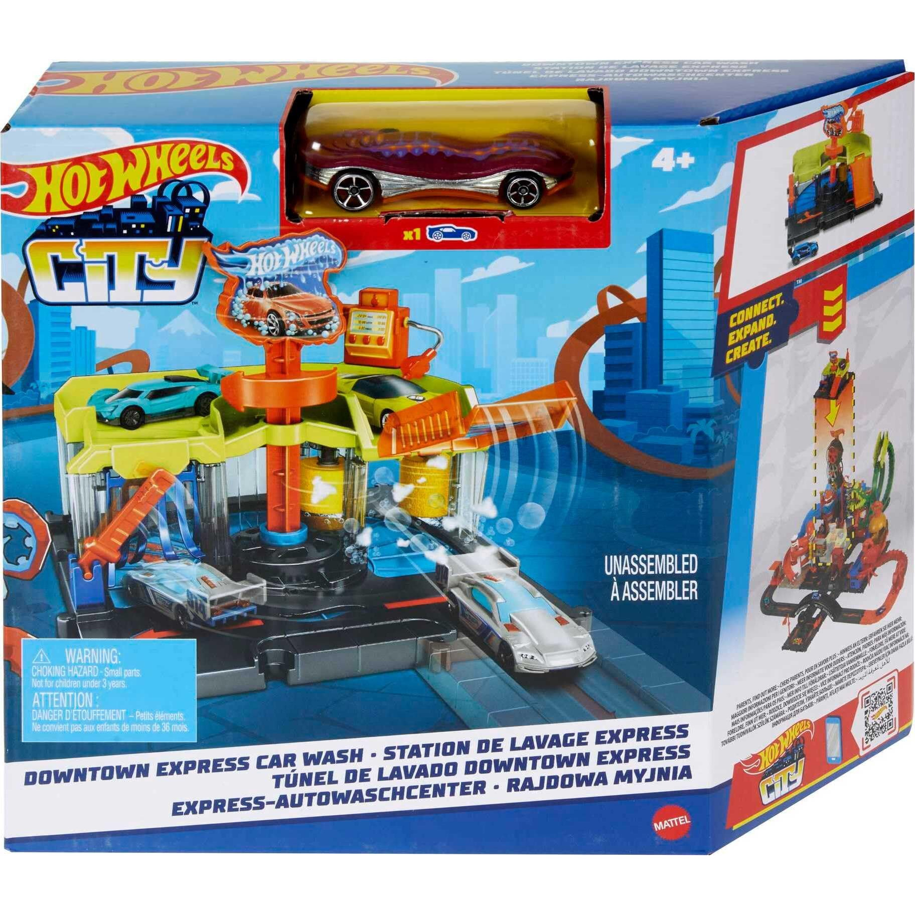 Hot Wheels City Toy Track Set, Downtown Express Car Wash Playset With 164 Scale Vehicle, Foam Roller & Drying Flaps