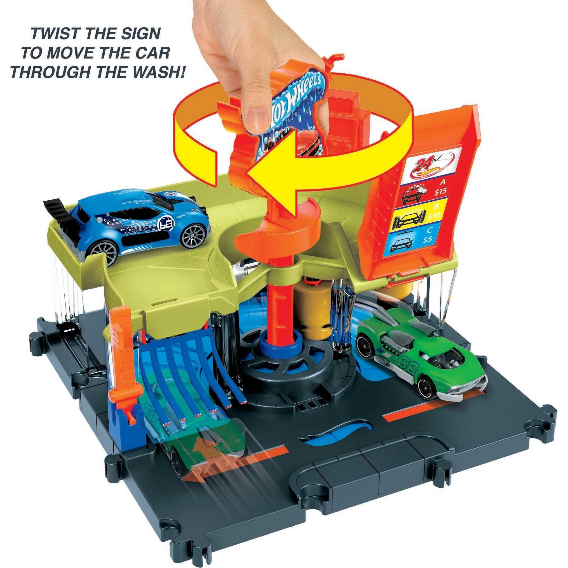 Hot Wheels City Toy Track Set, Downtown Express Car Wash Playset With 164 Scale Vehicle, Foam Roller & Drying Flaps