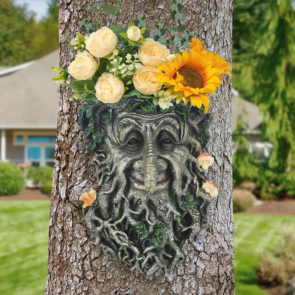 Bexleybay Tree Face Garden Statues Outdoor Decorations, Whimsical Old Man Face For Tree Huggers Sculptures Flower Pot Garden Decorations Yard Art, 9"" X 6.5"" X 3.5""