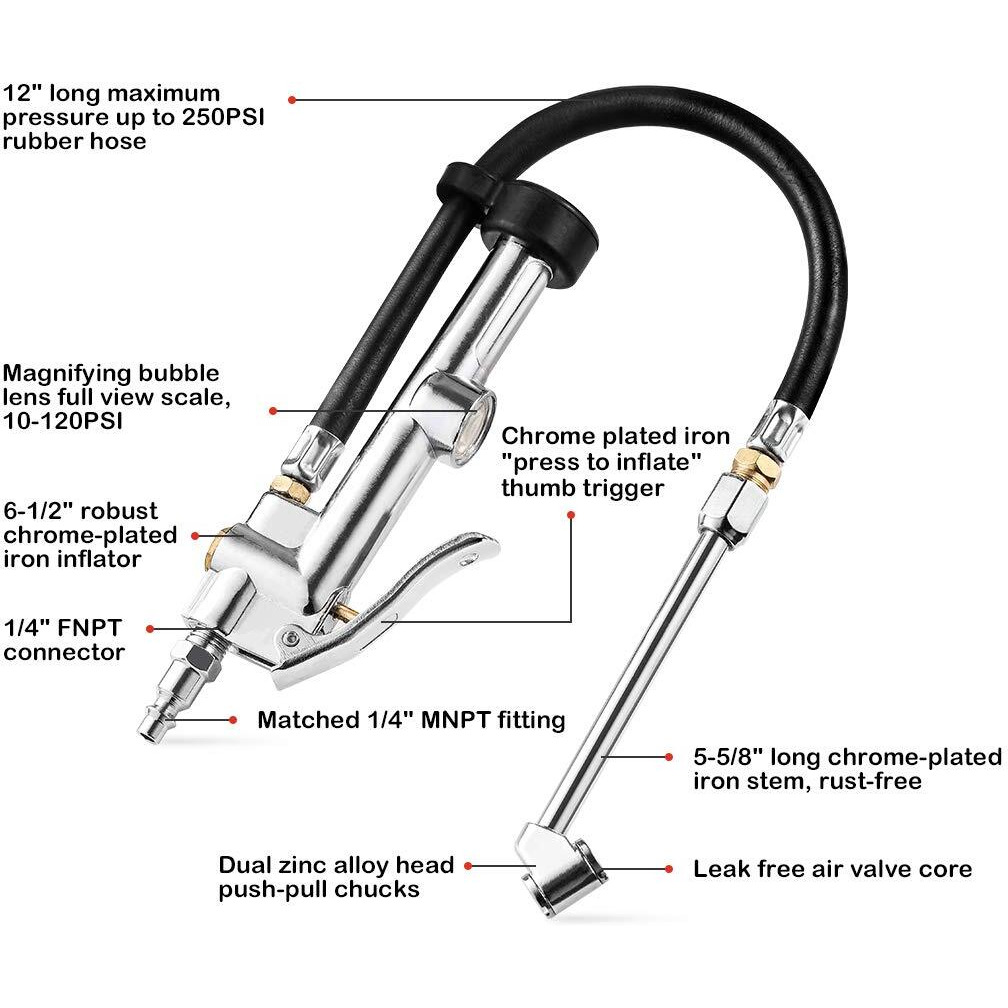 Czc Auto Tire Inflator Air Pressure Gauge With Rubber Hose, 10-120Psi Dual Head Heavy Duty 1/4"" Fnpt Tyre Inflator Gage Compatible With Air Pump Compressor For Truck Rv Bus Car Motorcycle Bike