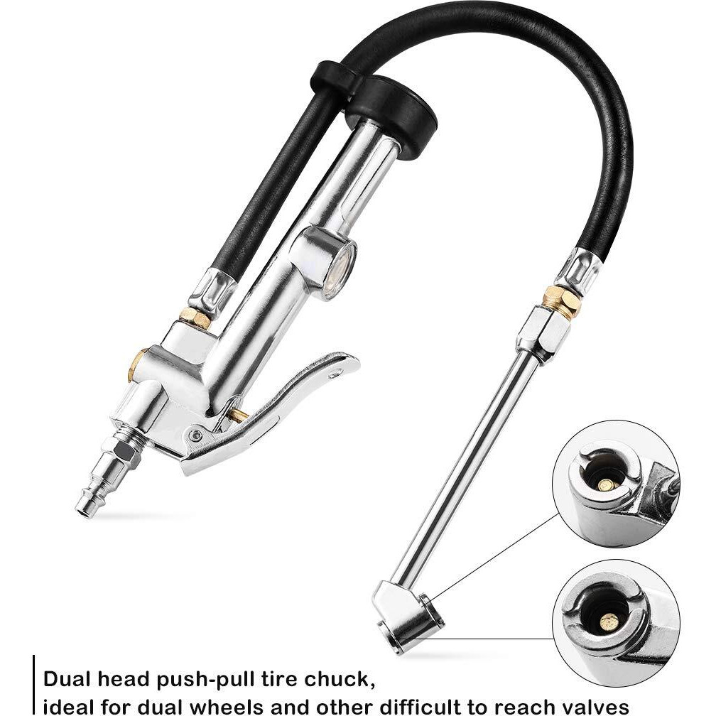 Czc Auto Tire Inflator Air Pressure Gauge With Rubber Hose, 10-120Psi Dual Head Heavy Duty 1/4"" Fnpt Tyre Inflator Gage Compatible With Air Pump Compressor For Truck Rv Bus Car Motorcycle Bike