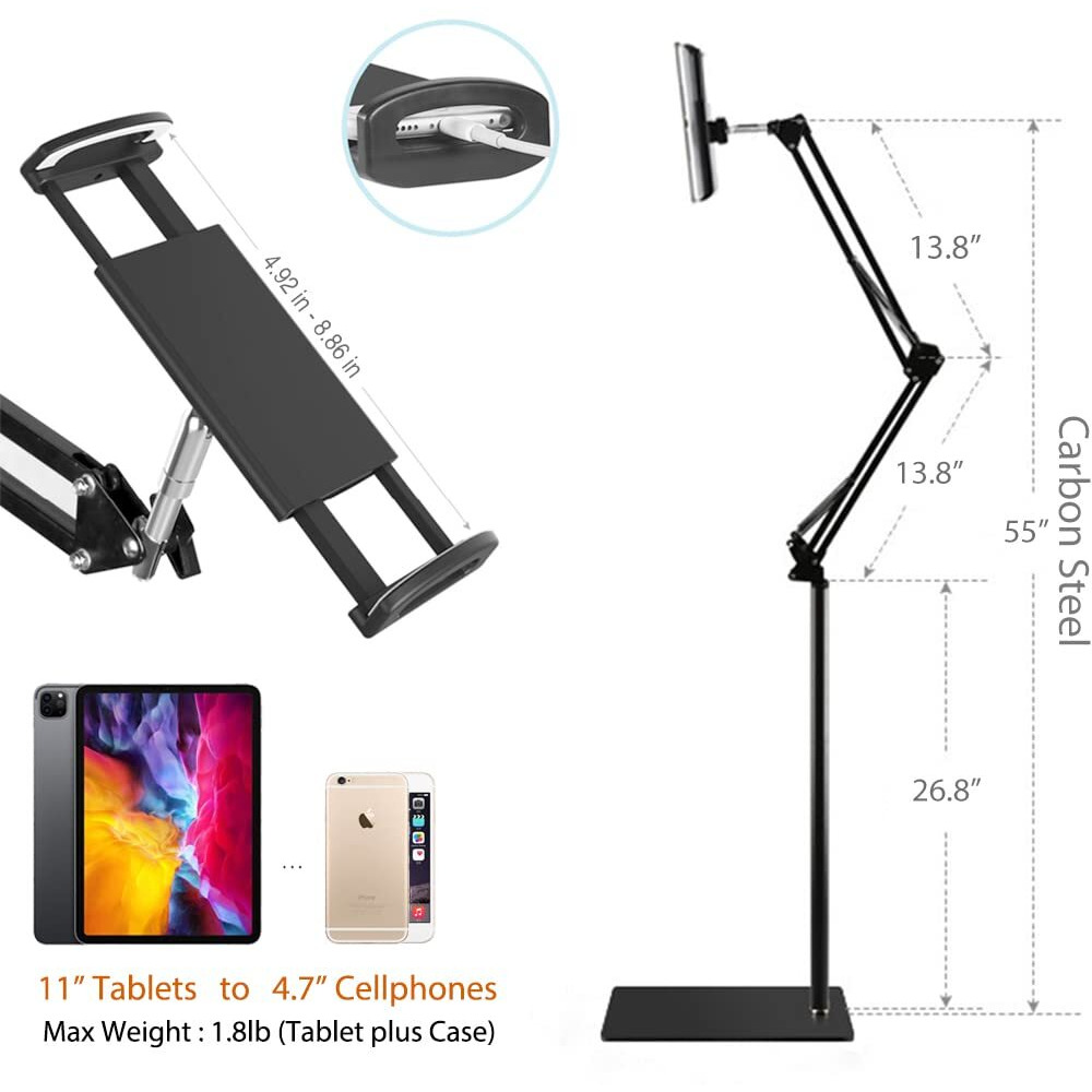 Tablet Floor Stand, Overhead Bed Phone Stand Angle Height Adjustable Holder, Universal Floor Stand Compatible With Iphone Ipad Pro Air Mini, Samsung Tab, Kindle, E-Readers