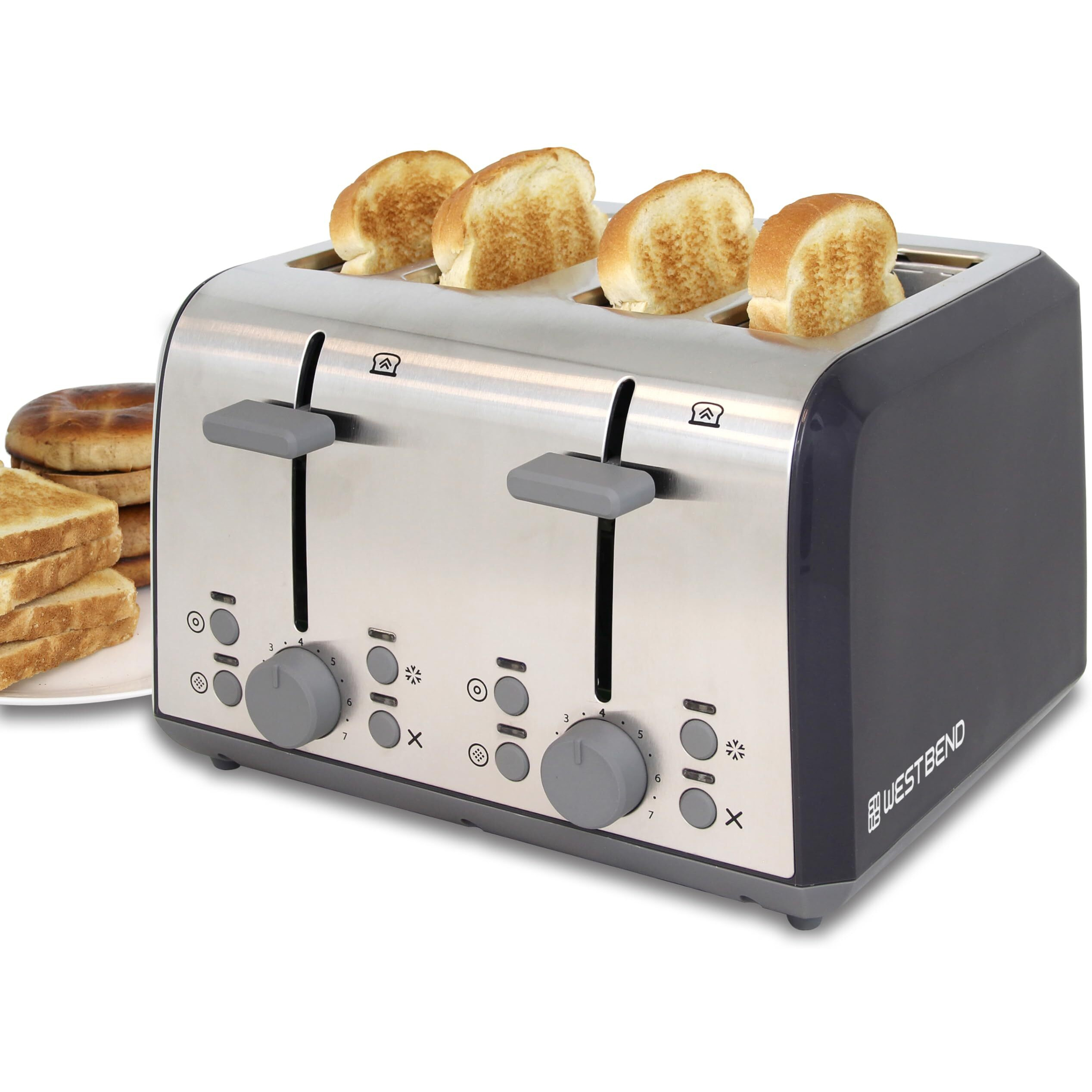 West Bend 4 Slice Toaster With Extra Wide Slots, Bagel Settings, Ultimate Toast Lift And Removable Crumb Tray, Silver