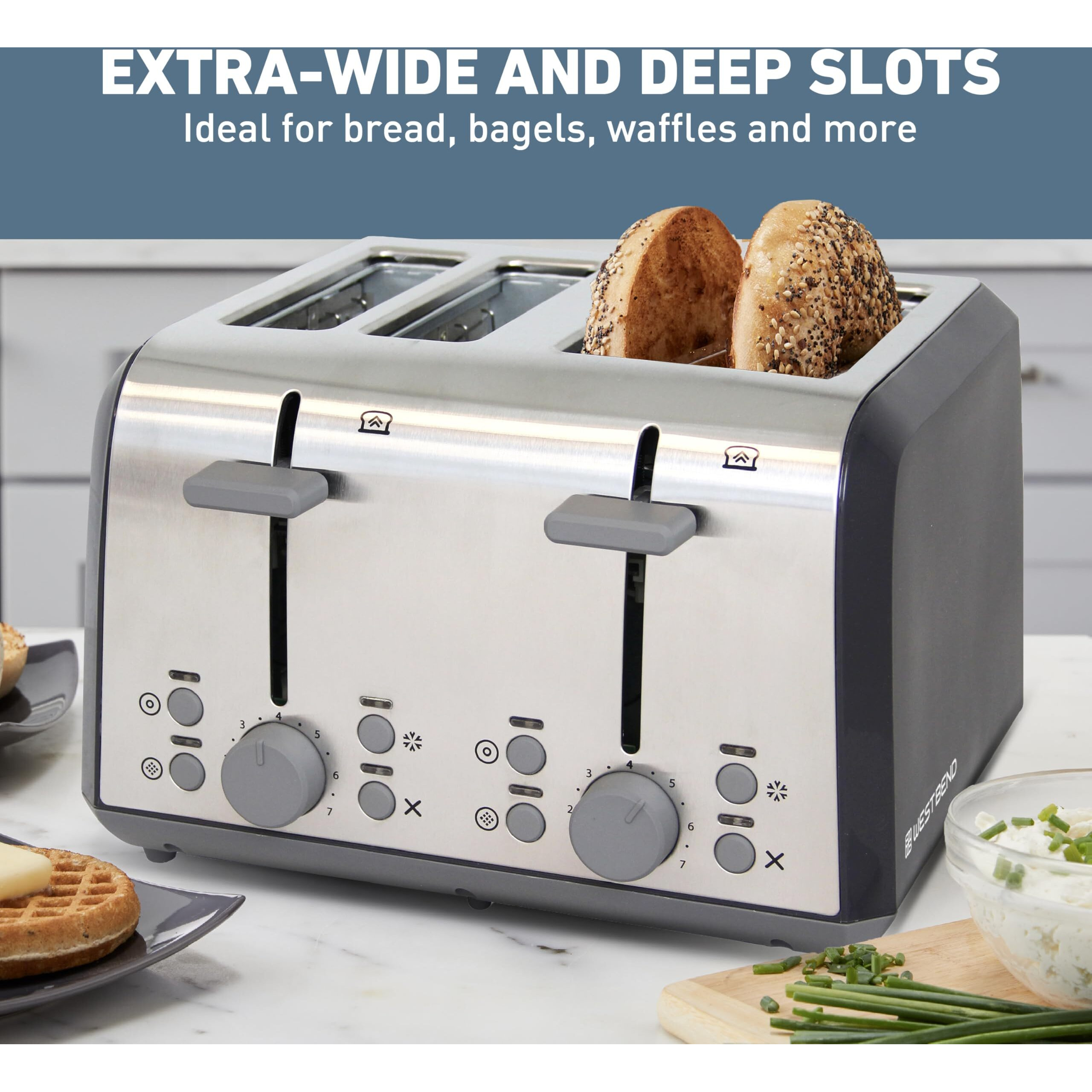 West Bend 4 Slice Toaster With Extra Wide Slots, Bagel Settings, Ultimate Toast Lift And Removable Crumb Tray, Silver