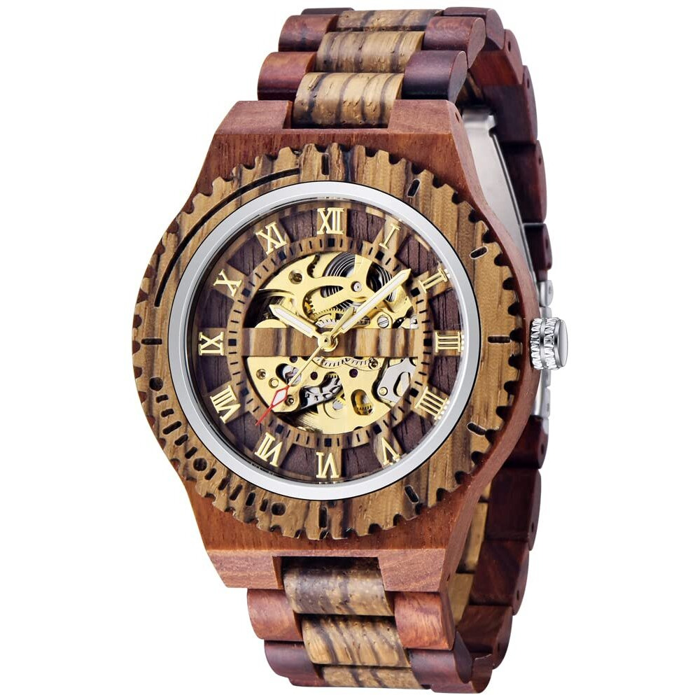Dentily Automatic Movement Wooden Watch Skeleton Wood Watch Self-Winding Watches For Men