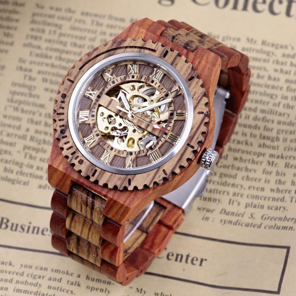 Dentily Automatic Movement Wooden Watch Skeleton Wood Watch Self-Winding Watches For Men