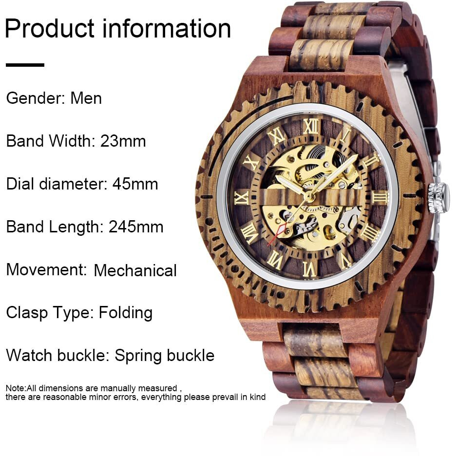 Dentily Automatic Movement Wooden Watch Skeleton Wood Watch Self-Winding Watches For Men