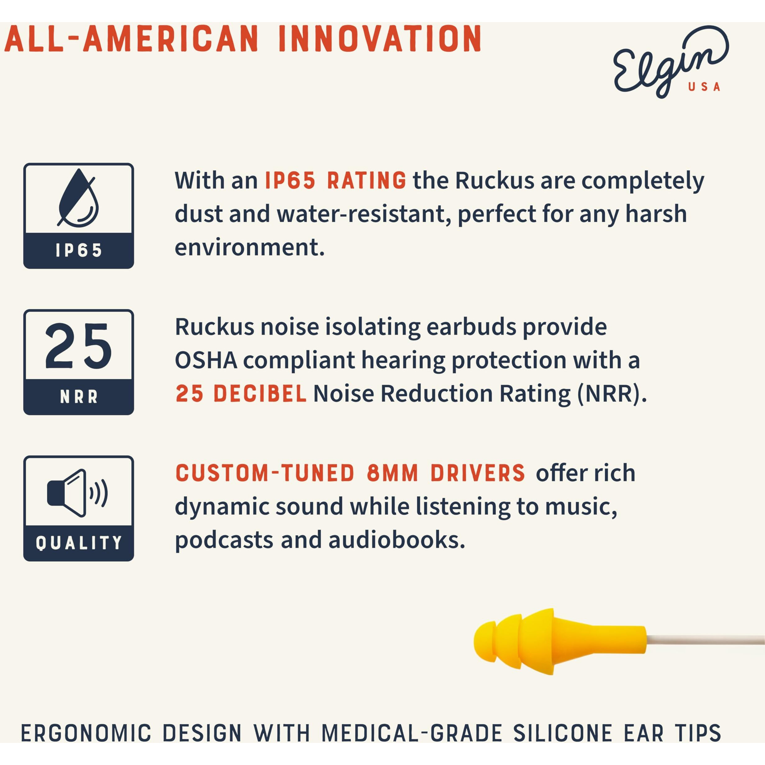 Elgin Ruckus Earplug Earbuds | Osha Compliant Noise Reduction In-Ear Headphones  Isolating Ear Plug Earphones Orange