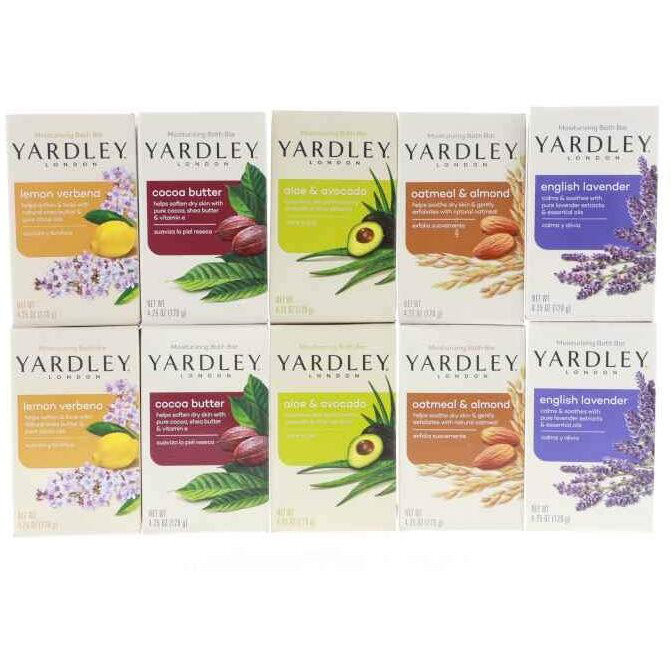 Yardley London Soap Bath Bar Bundle - 10 Bars English Lavender, Oatmeal And Almond, Aloe And Avocado, Cocoa Butter, Lemon Verbena 4 Ounce Bars (Pack Of 10, Two Of Each)