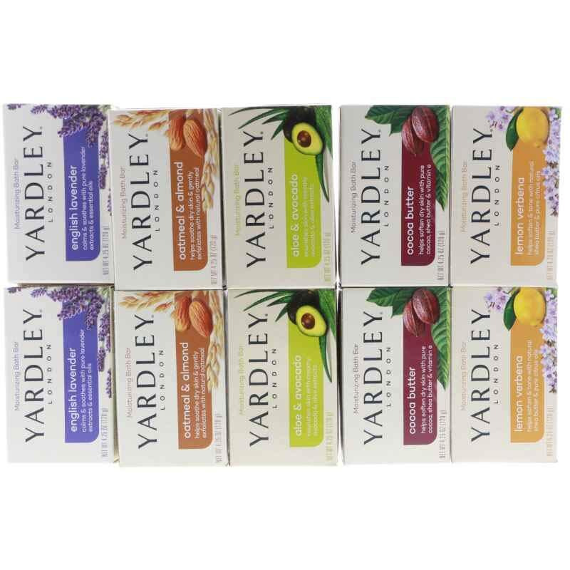Yardley London Soap Bath Bar Bundle - 10 Bars English Lavender, Oatmeal And Almond, Aloe And Avocado, Cocoa Butter, Lemon Verbena 4 Ounce Bars (Pack Of 10, Two Of Each)