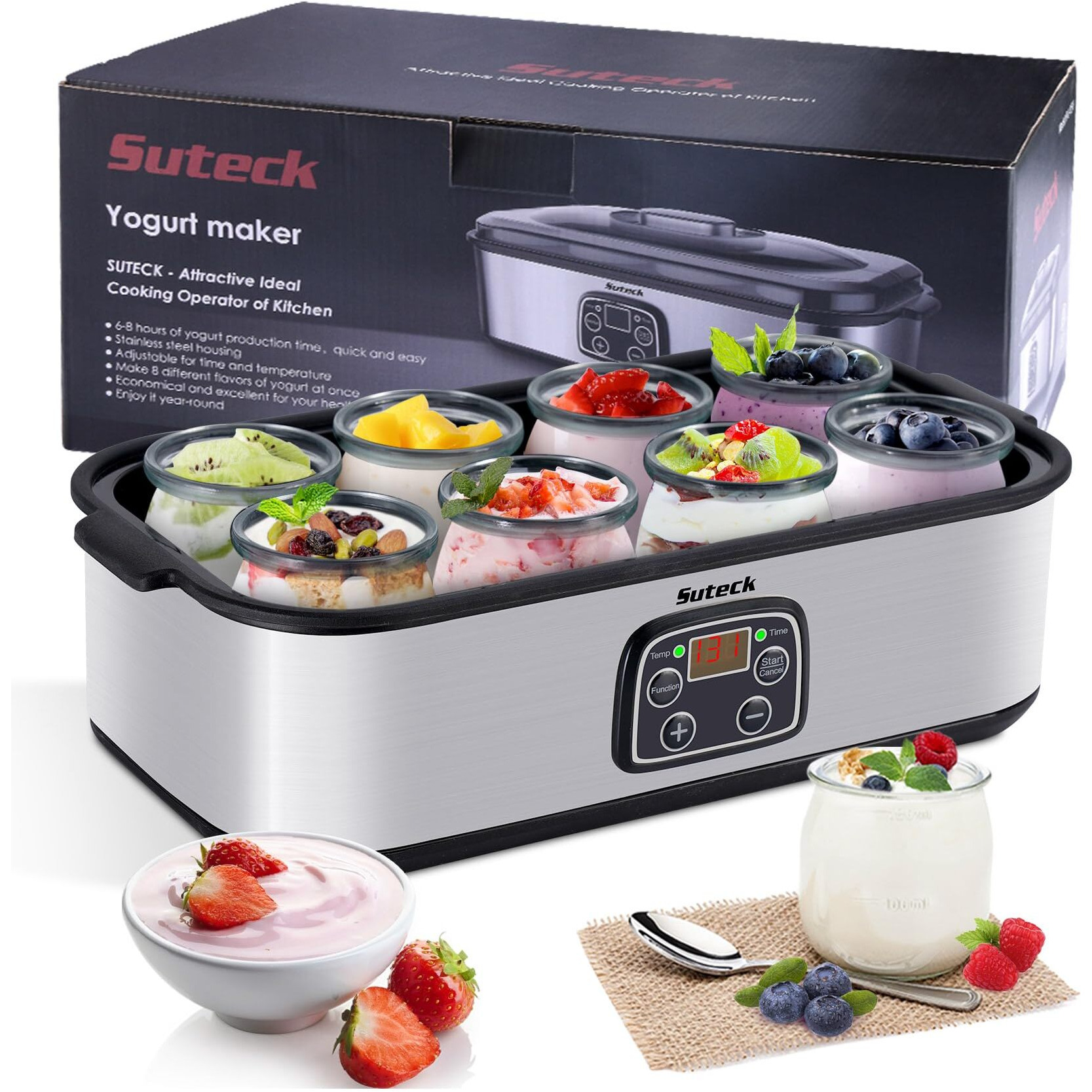 Yogurt Maker Automatic Digital Yoghurt Maker Machine With 8 Glass Jars 48 Ozs (6Oz Each Jar) Lcd Display With Constant Temperature Control Stainless Steel Design For Home Use
