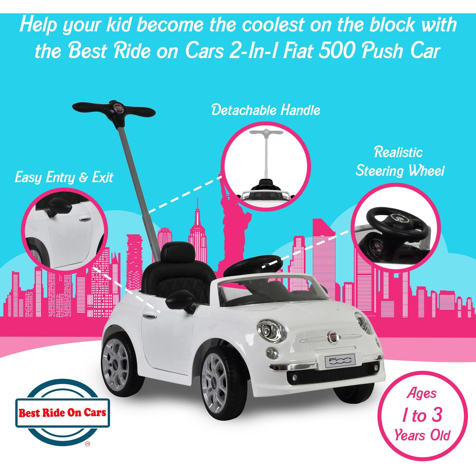 Best Ride On Cars Fiat 500 Ride On Push Toy Baby Car Stroller For Toddlers 1 To 3 Years Old With Music, Horn Sounds, And Handle, White.