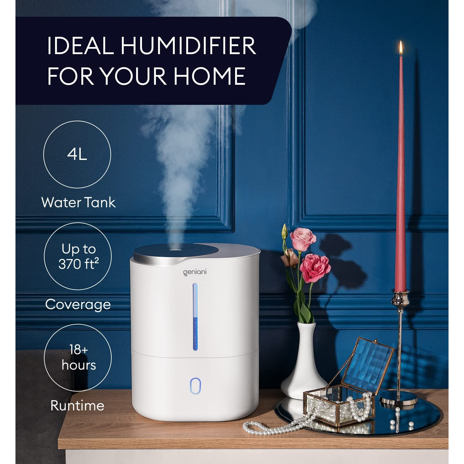 Geniani Cool Mist Air Humidifiers For Bedroom, Plants, And Large Rooms - Quiet Humidifiers For Baby Room With Auto Shut Off & Night Light (3.9L, White)
