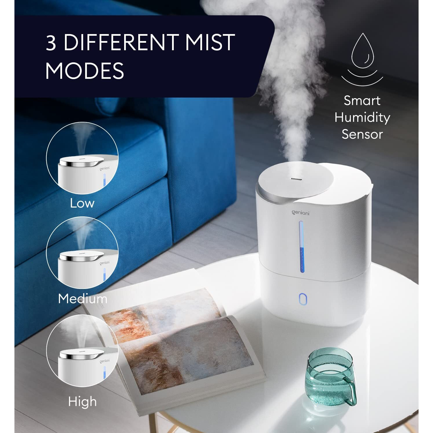Geniani Cool Mist Air Humidifiers For Bedroom, Plants, And Large Rooms - Quiet Humidifiers For Baby Room With Auto Shut Off & Night Light (3.9L, White)