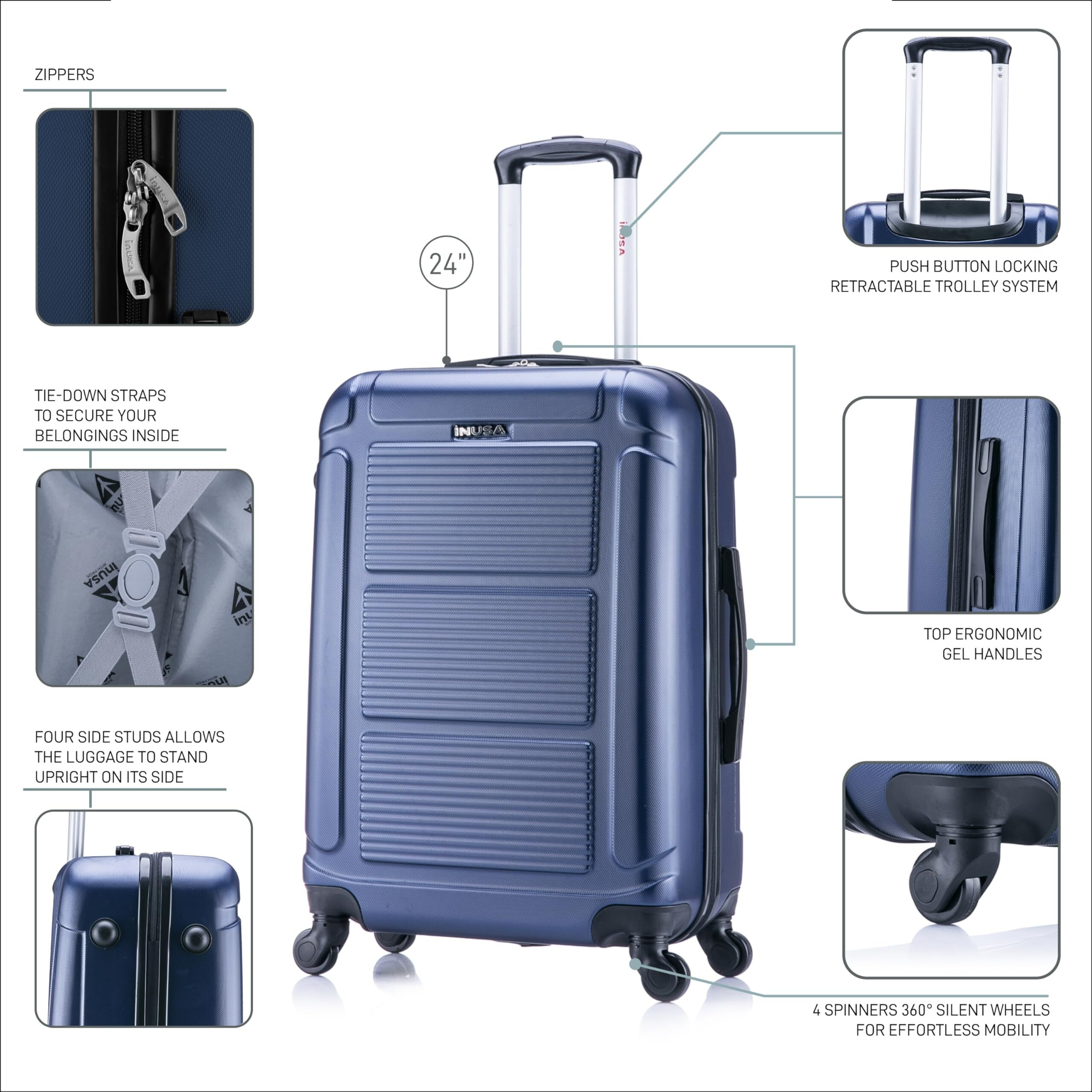 Inusa Pilot Luggage With Ergonomic Handles | Spacious Travel Suitcase With Four Spinner Wheels And Studs | 24 Inch Medium Hardside Spinner Luggage | Blue