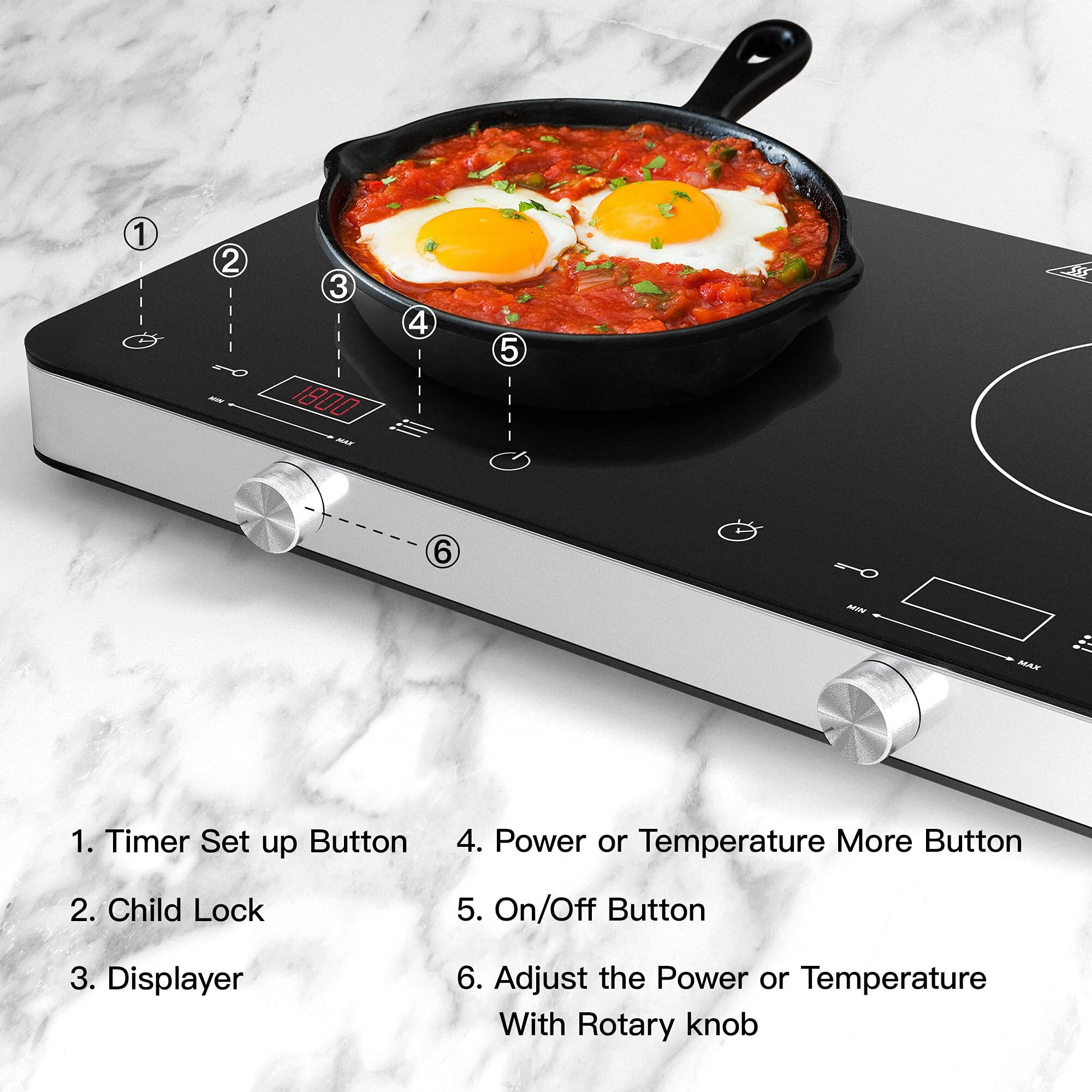 Cooktron Double Induction Cooktop Burner, 1800W 2 Burner Induction Cooker Cooktop, 10 Temperature 9 Power Settings Portable Electric Countertop Burner Touch Stove With Child Safety Lock & Timer