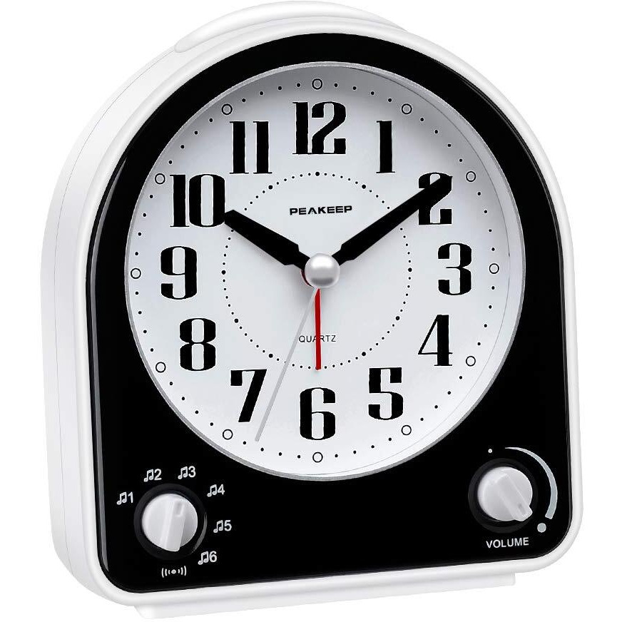 Peakeep Analog Alarm Clock Non-Ticking Silent, Optional 7 Wake-Up Sounds With Volume Control, Nightlight And Snooze, Aa Battery Operated (Black)