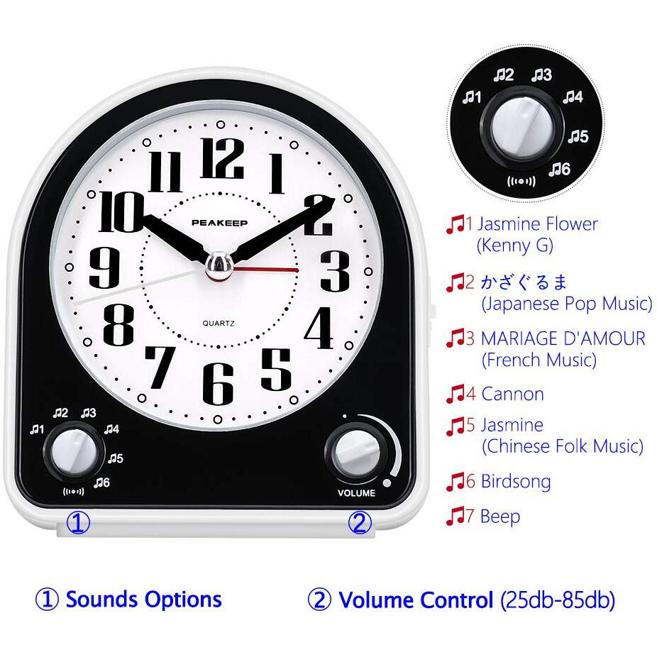 Peakeep Analog Alarm Clock Non-Ticking Silent, Optional 7 Wake-Up Sounds With Volume Control, Nightlight And Snooze, Aa Battery Operated (Black)