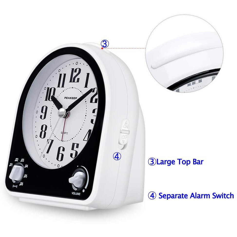 Peakeep Analog Alarm Clock Non-Ticking Silent, Optional 7 Wake-Up Sounds With Volume Control, Nightlight And Snooze, Aa Battery Operated (Black)