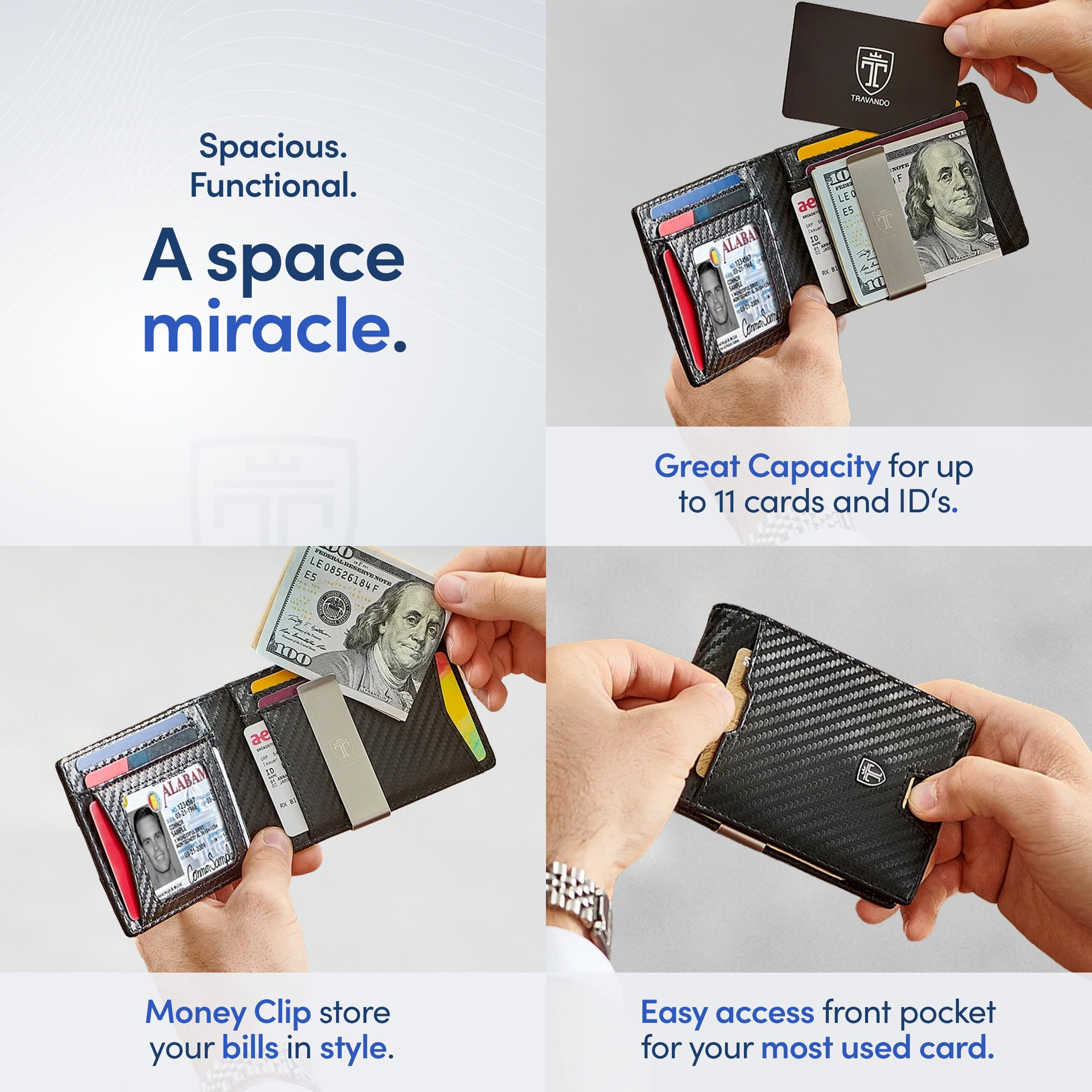 Travando Mens Slim Wallet With Money Clip Austin Rfid Blocking Bifold Credit Card Holder For Men With Gift Box (Carbon)