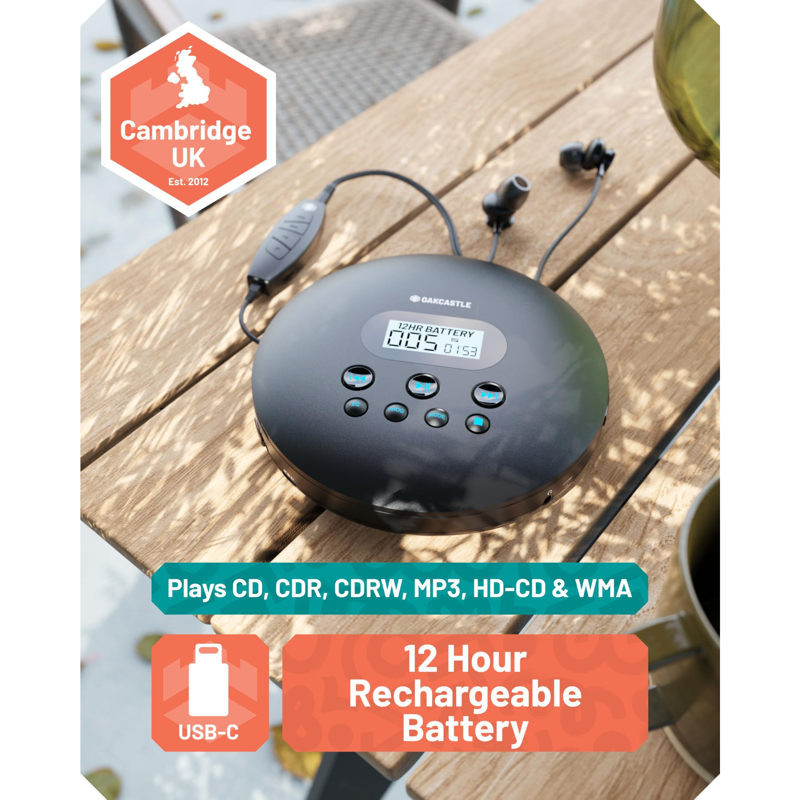 Cd Player Portable, Rechargeable Bluetooth 12Hr Personal Cd Player Discman For Car (Aux Only) And Travel | Headphones, Lcd Screen, Anti-Skip, Oakcastle Cd100 Walkman And Portable Cd Player