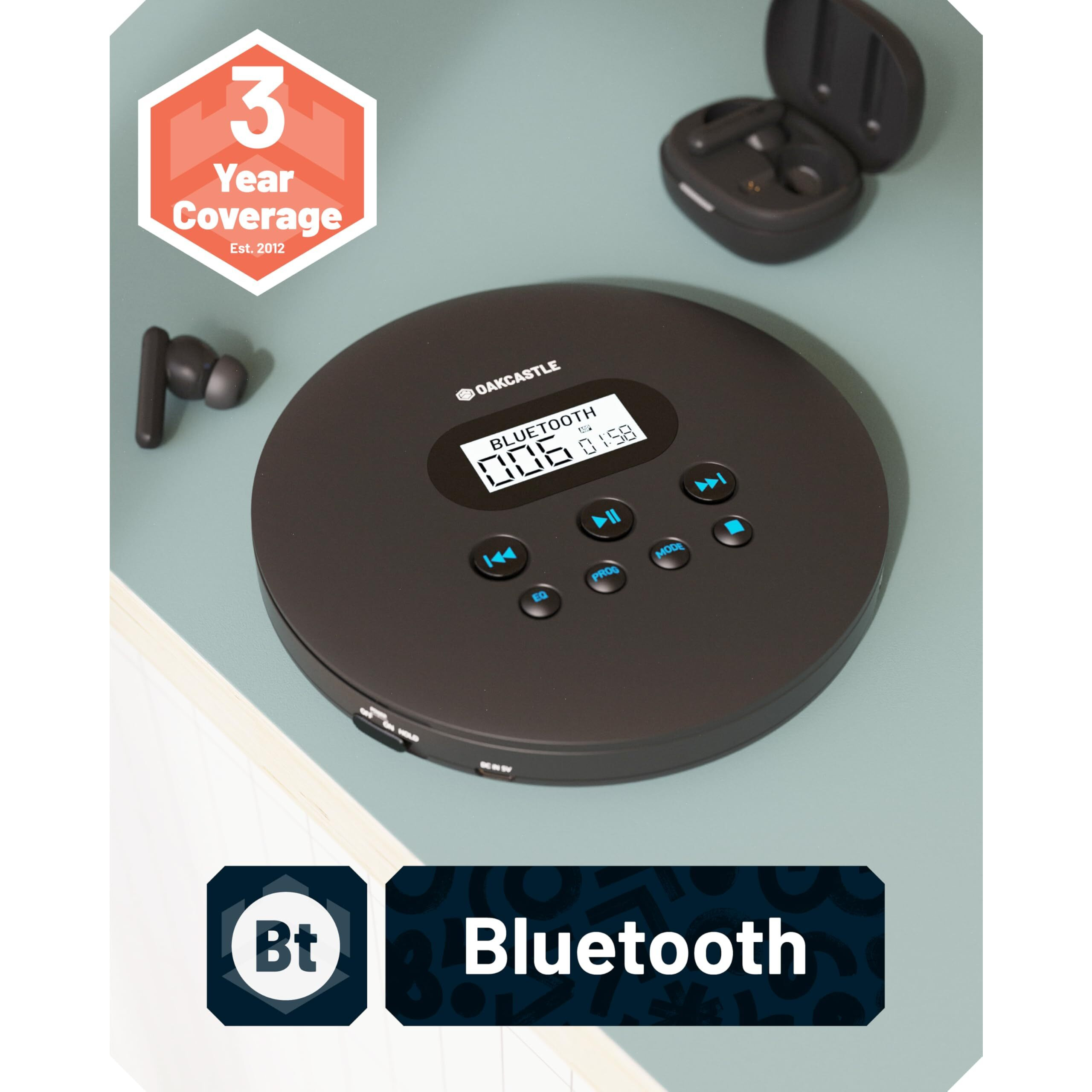 Cd Player Portable, Rechargeable Bluetooth 12Hr Personal Cd Player Discman For Car (Aux Only) And Travel | Headphones, Lcd Screen, Anti-Skip, Oakcastle Cd100 Walkman And Portable Cd Player