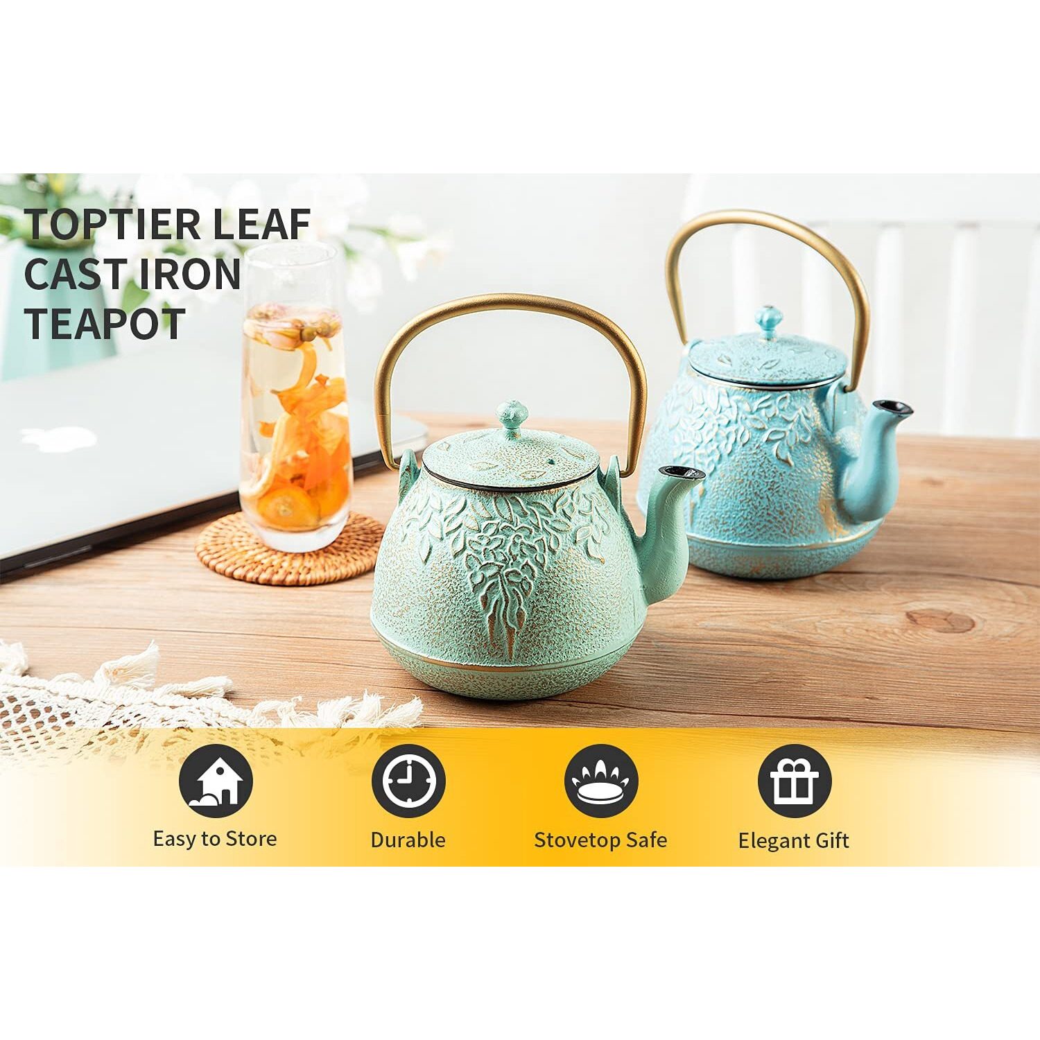 Toptier Tea Kettle For Stove Top, Cast Iron Teapot Stovetop Safe With Infusers For Loose Tea, 22 Oz, Light Green