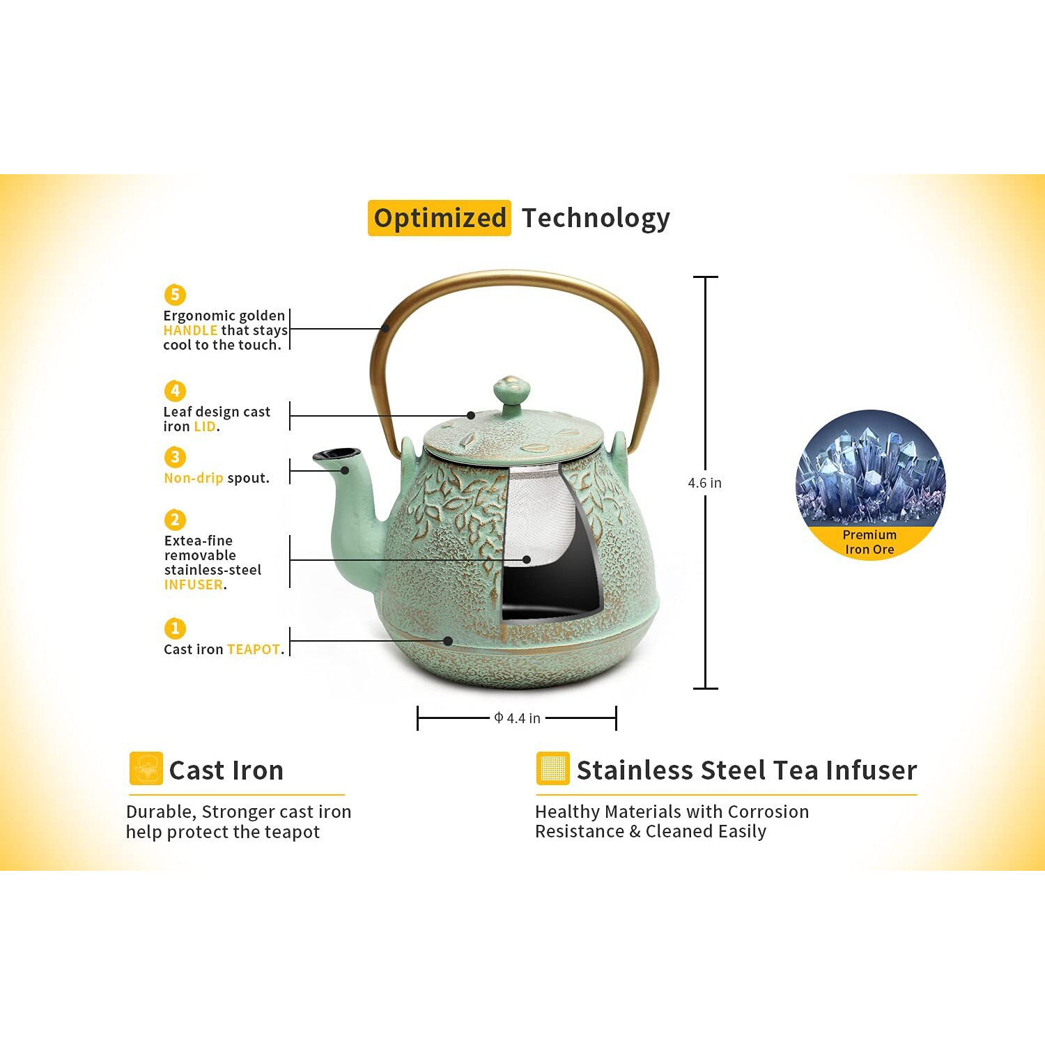 Toptier Tea Kettle For Stove Top, Cast Iron Teapot Stovetop Safe With Infusers For Loose Tea, 22 Oz, Light Green