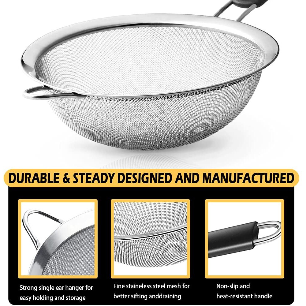 Stainless Steel Fine Mesh Strainers, Set Of 3 Sizes Strainer For Kitchen, Wire Sieve With Insulated Handle Kitchen Strainer, Baking Tools Colander, Food Preparation, Flour Sifter, Rice, Pasta Strainer