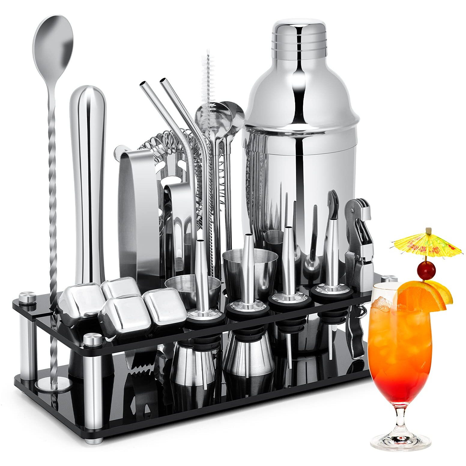 Cocktail Shaker Set, 23-Piece Stainless Steel Bartender Kit With Acrylic Stand & Cocktail Recipes Booklet, Professional Bar Tools For Drink Mixing, Home, Bar, Party (Include 4 Whiskey Stones)
