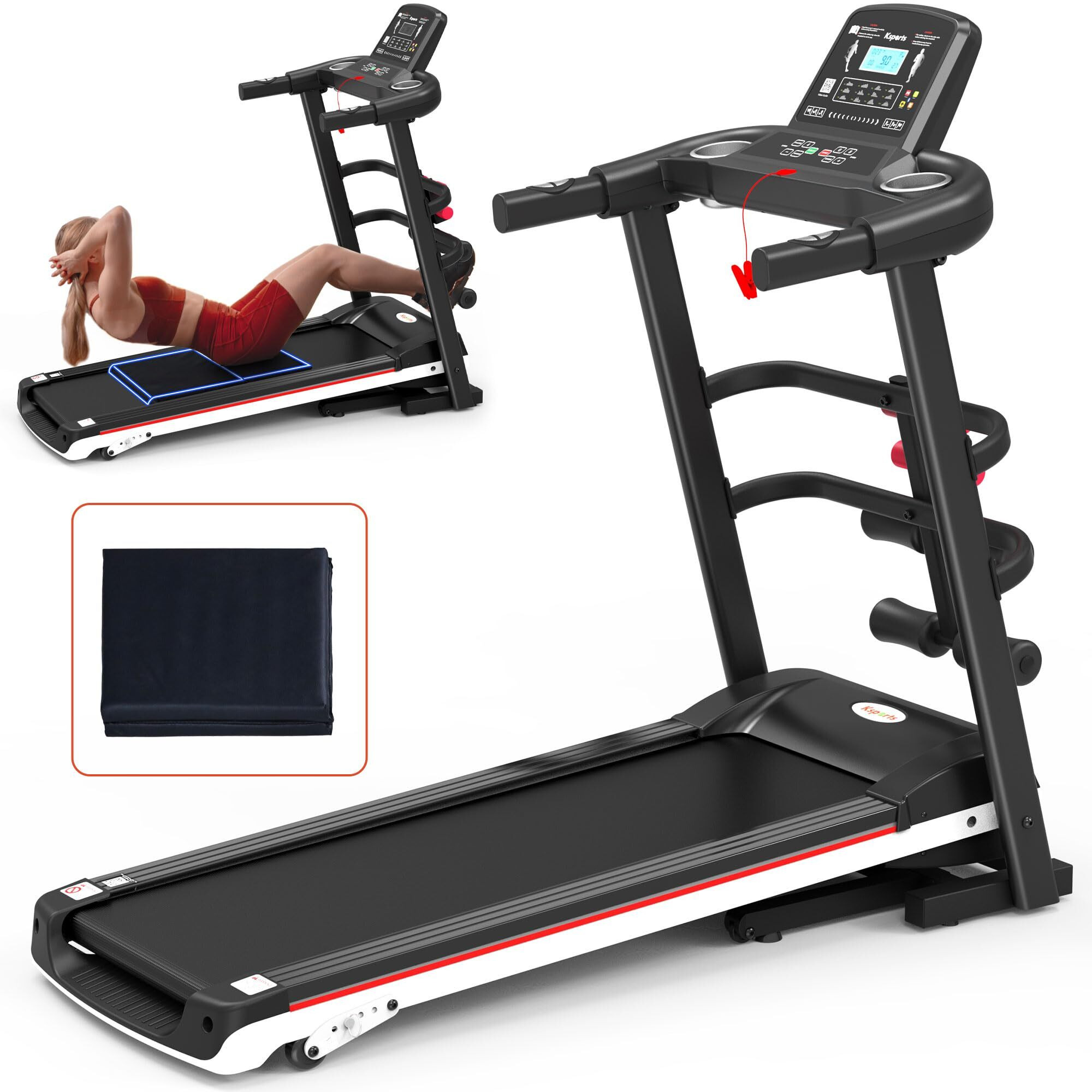 Ksports Foldable 16 Inch Wide Home Treadmill W/Bluetooth Connectivity, Kinomap, Zwift & Fitshow Fitness Tracking Apps, Music, 4 Manual Inclines And Speed Control