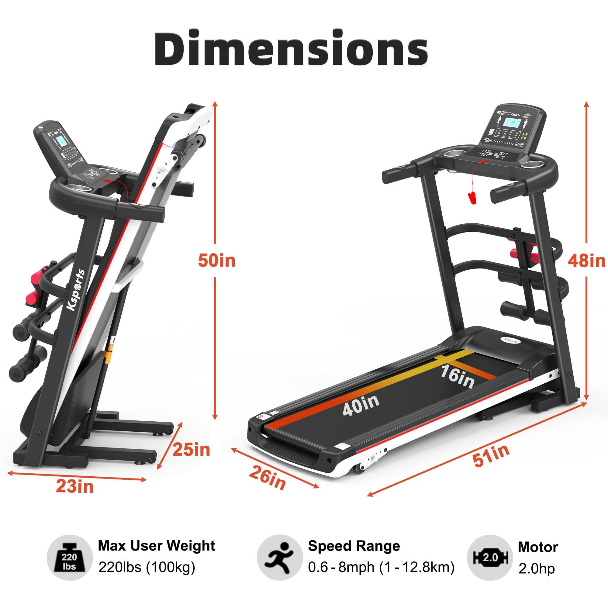 Ksports Foldable 16 Inch Wide Home Treadmill W/Bluetooth Connectivity, Kinomap, Zwift & Fitshow Fitness Tracking Apps, Music, 4 Manual Inclines And Speed Control