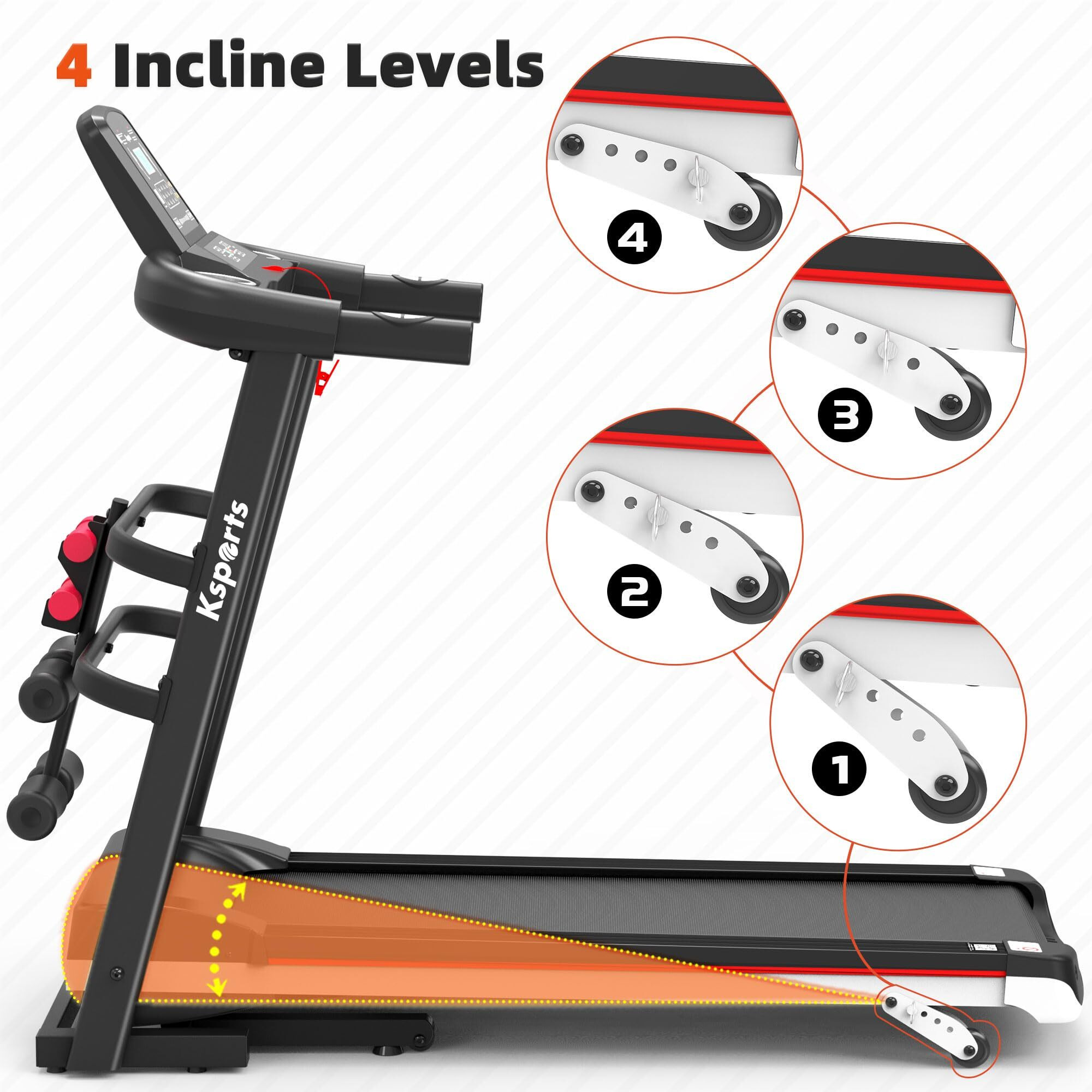 Ksports Foldable 16 Inch Wide Home Treadmill W/Bluetooth Connectivity, Kinomap, Zwift & Fitshow Fitness Tracking Apps, Music, 4 Manual Inclines And Speed Control